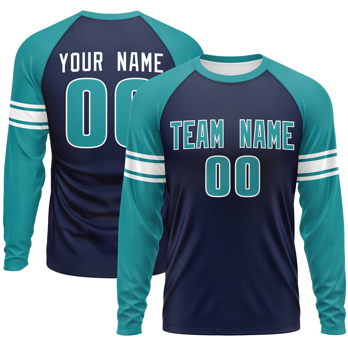 Custom Navy Aqua White Crew Neck Personalized Raglan Long Sleeve Performance T-shirt | KXKSHOP