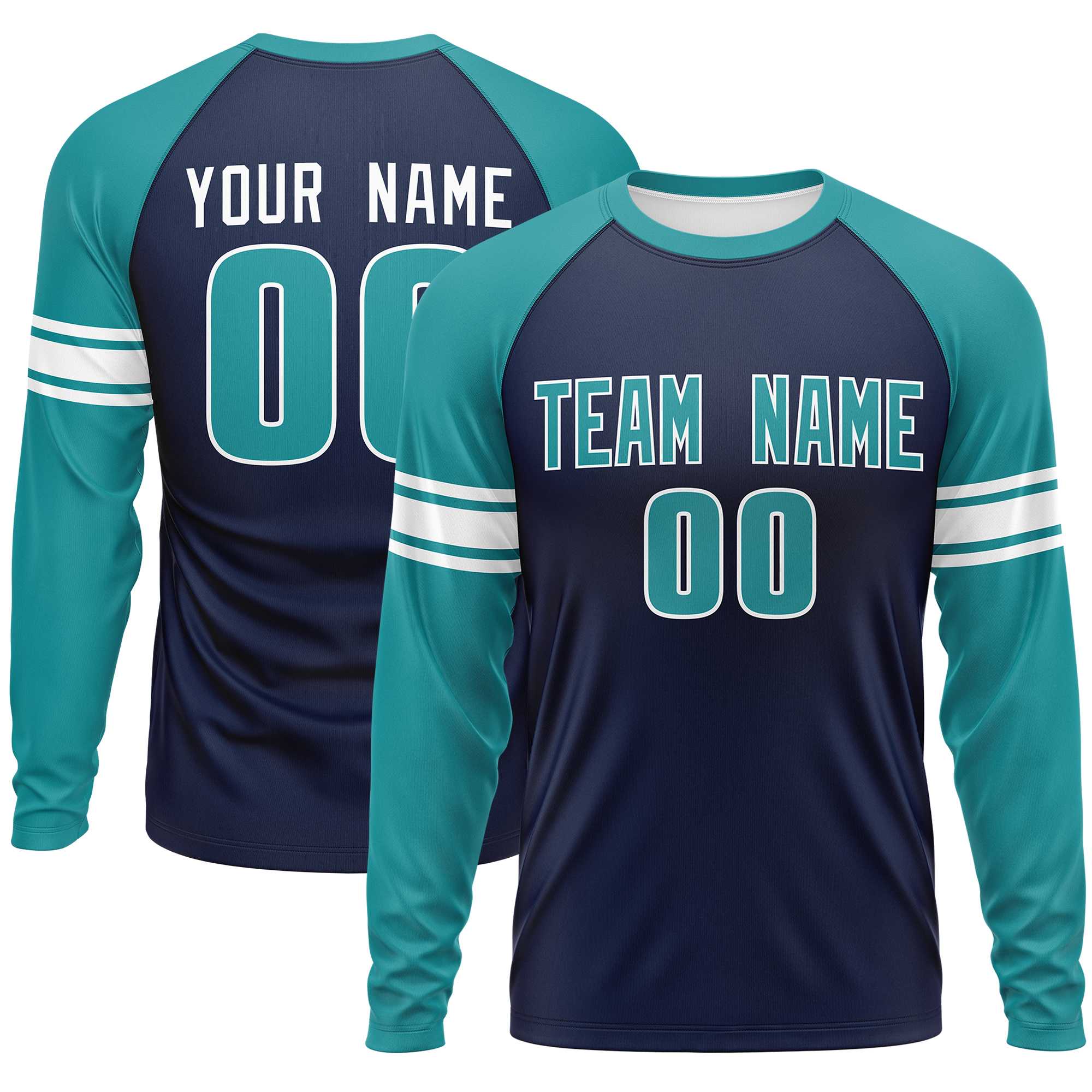 Custom Navy Aqua White Crew Neck Personalized Raglan Long Sleeve Performance T-shirt | KXKSHOP