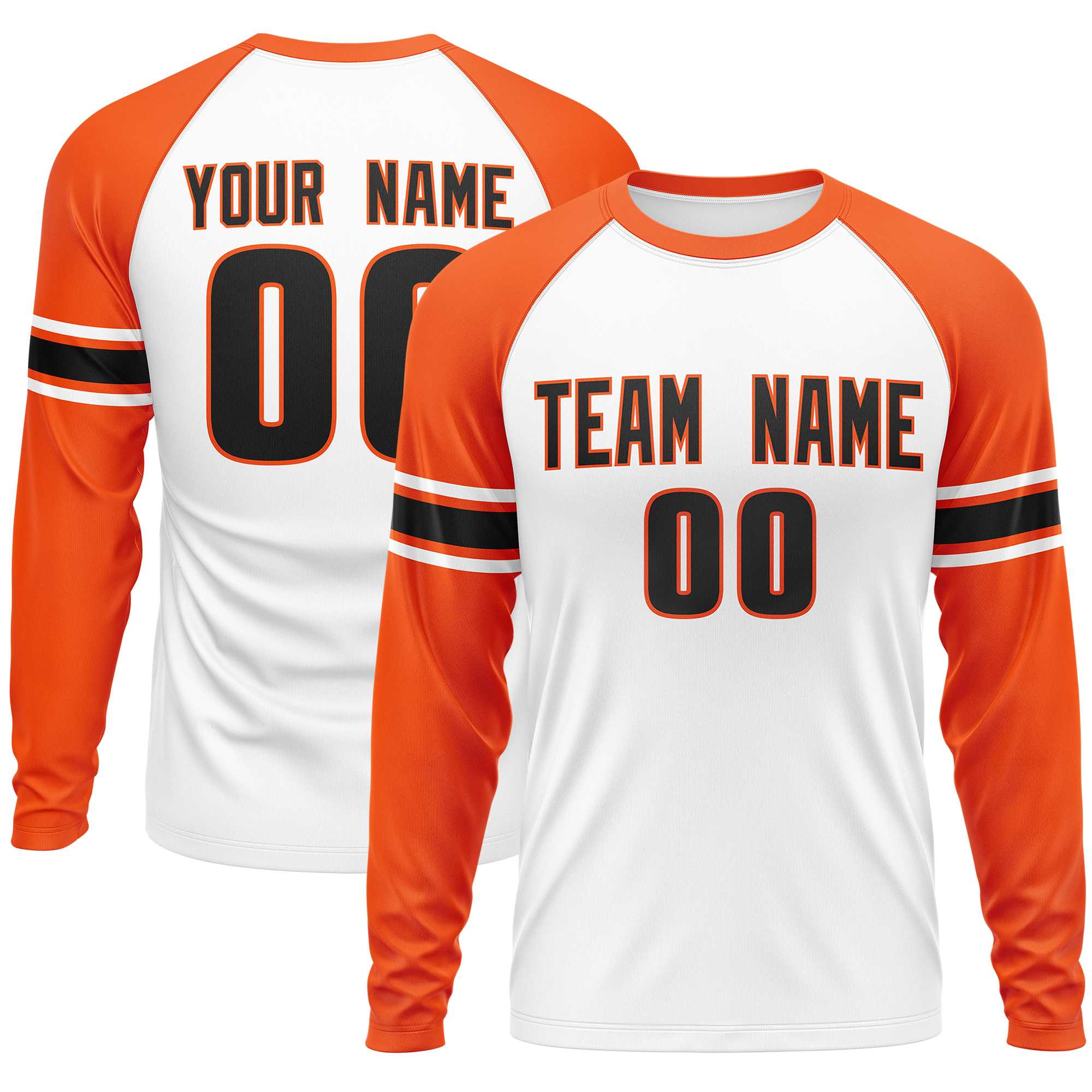 Custom White Orange Black Crew Neck Personalized Raglan Long Sleeve Performance T-shirt | KXKSHOP