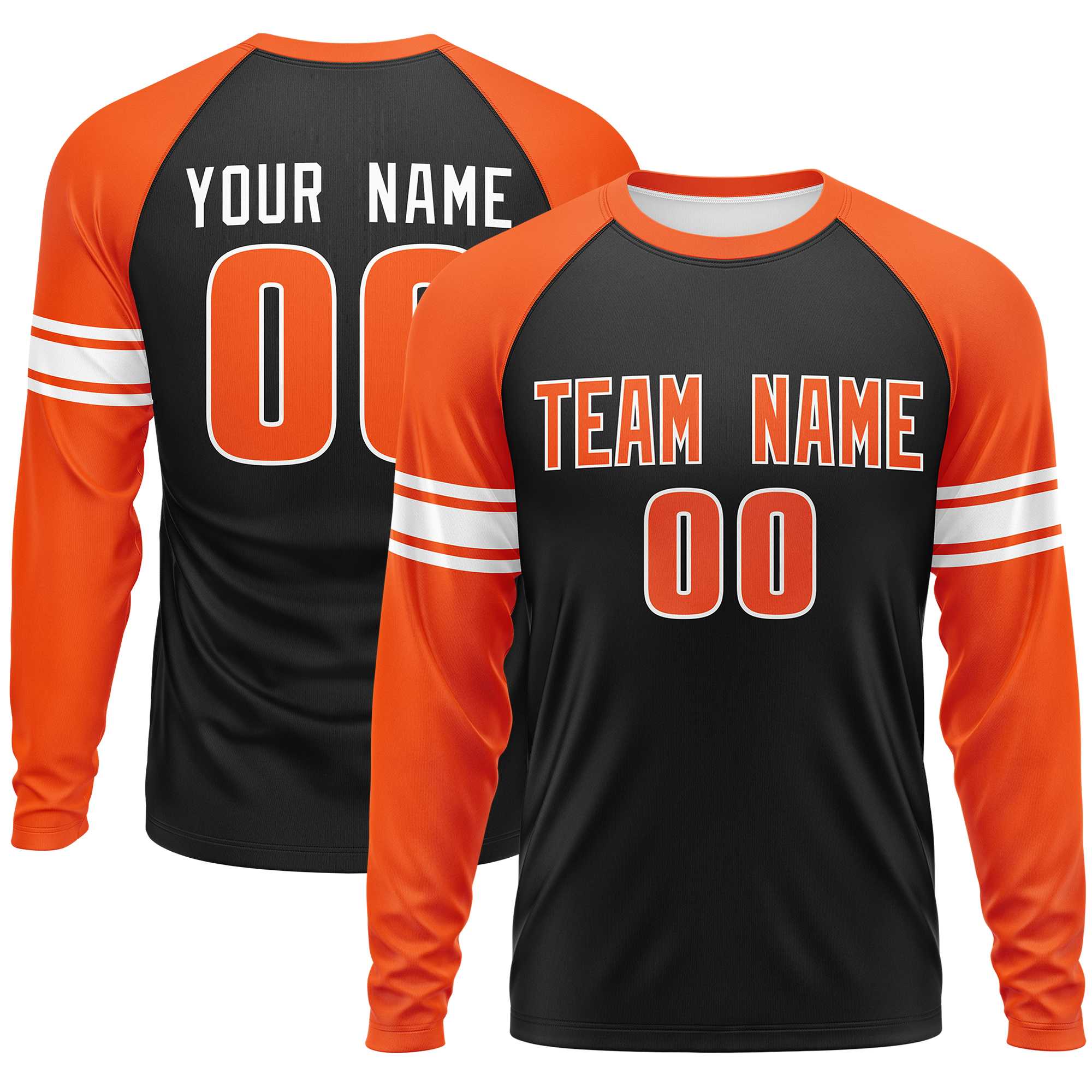 Custom Black Orange White Crew Neck Personalized Raglan Long Sleeve Performance T-shirt | KXKSHOP