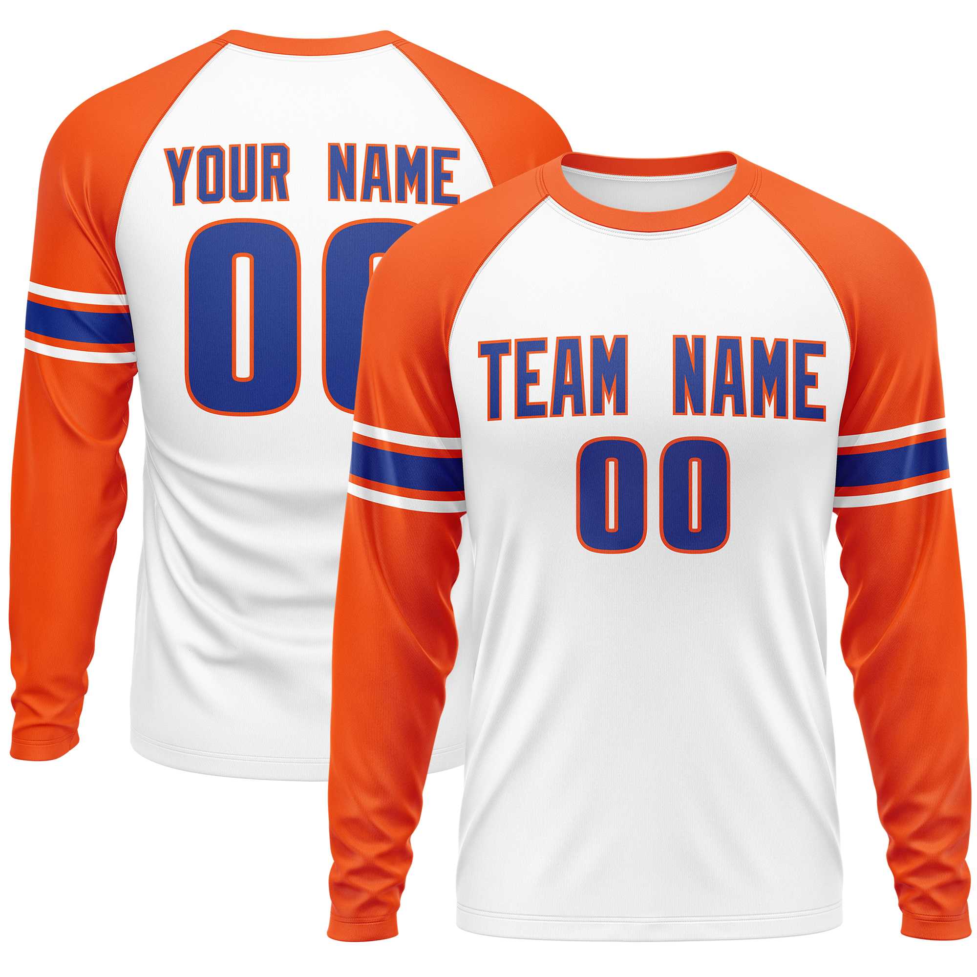 Custom White Orange Royal Crew Neck Personalized Raglan Long Sleeve Performance T-shirt | KXKSHOP
