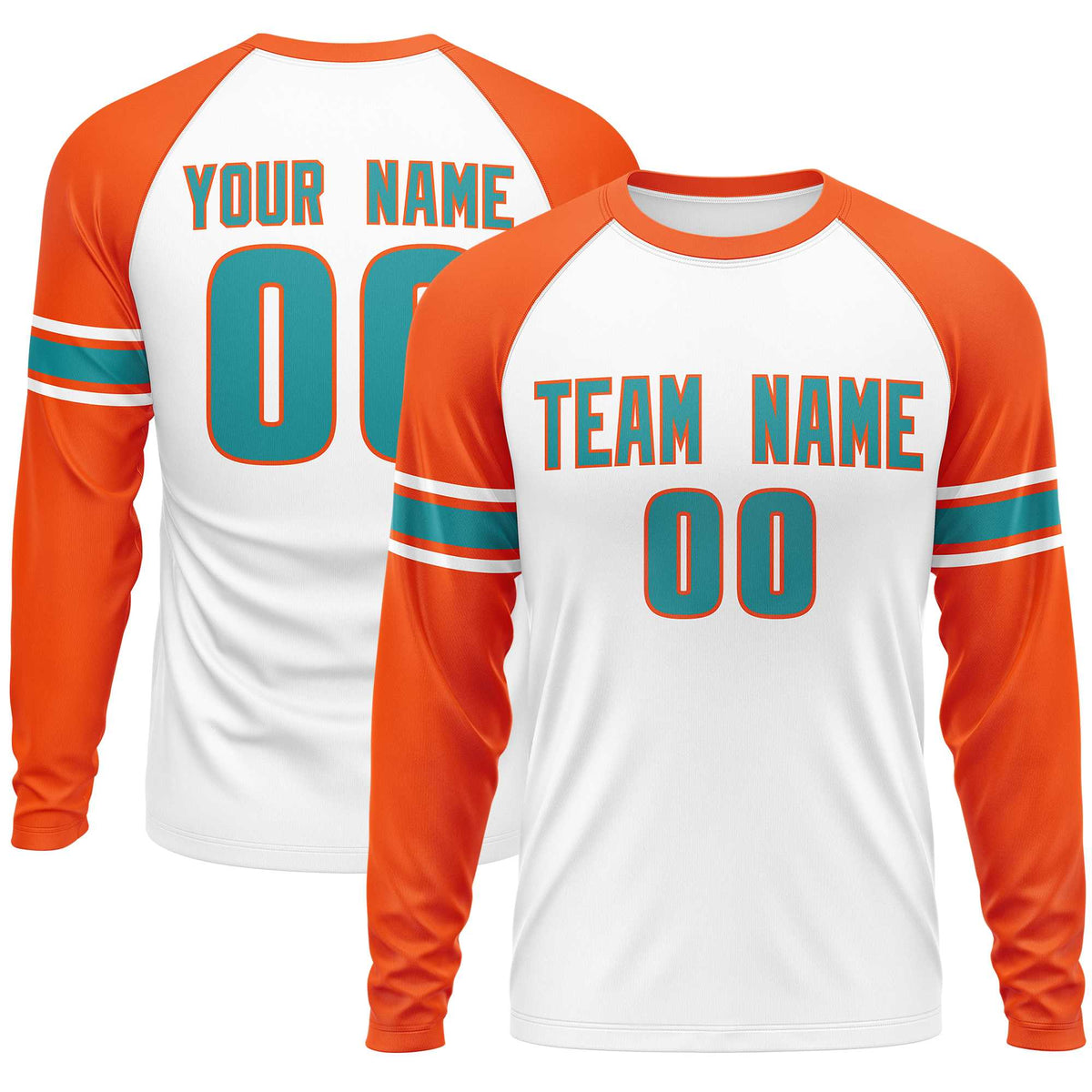 Custom White Orange Aqua Crew Neck Personalized Raglan Long Sleeve Performance T-shirt | KXKSHOP