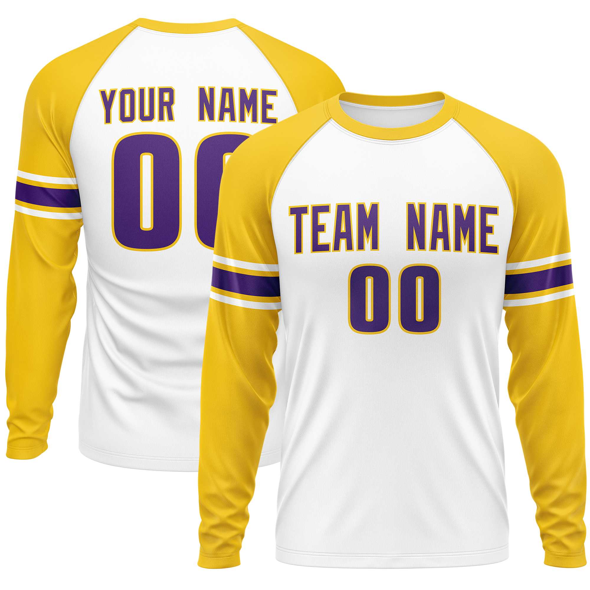 Custom White Gold Purple Crew Neck Personalized Raglan Long Sleeve Performance T-shirt | KXKSHOP