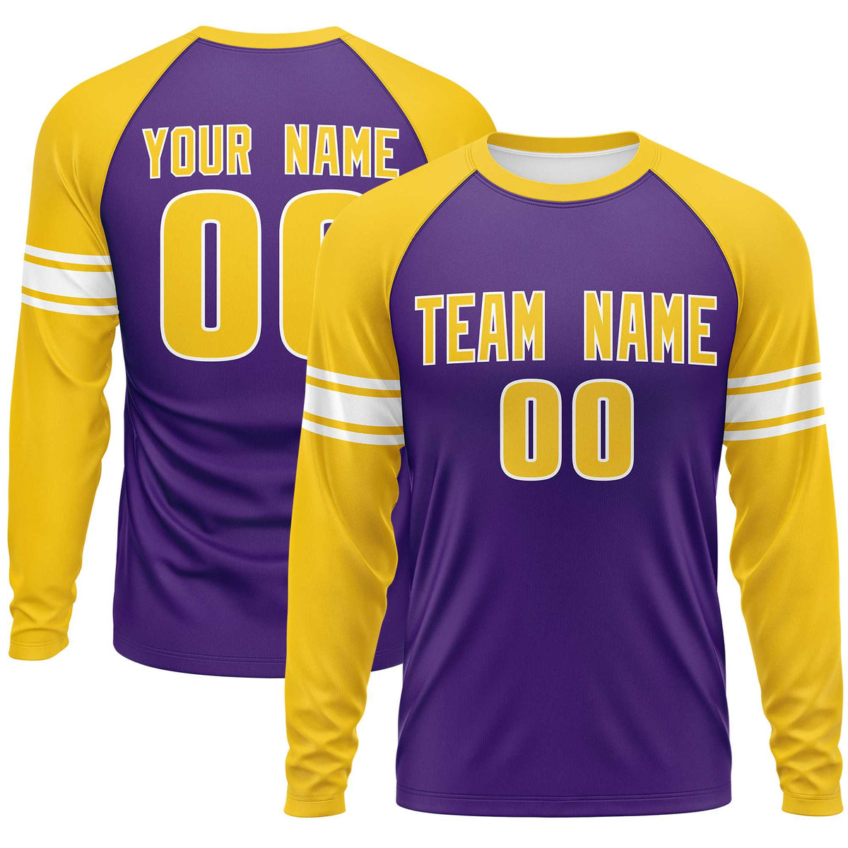 Custom Purple Gold White Crew Neck Personalized Raglan Long Sleeve Performance T-shirt | KXKSHOP