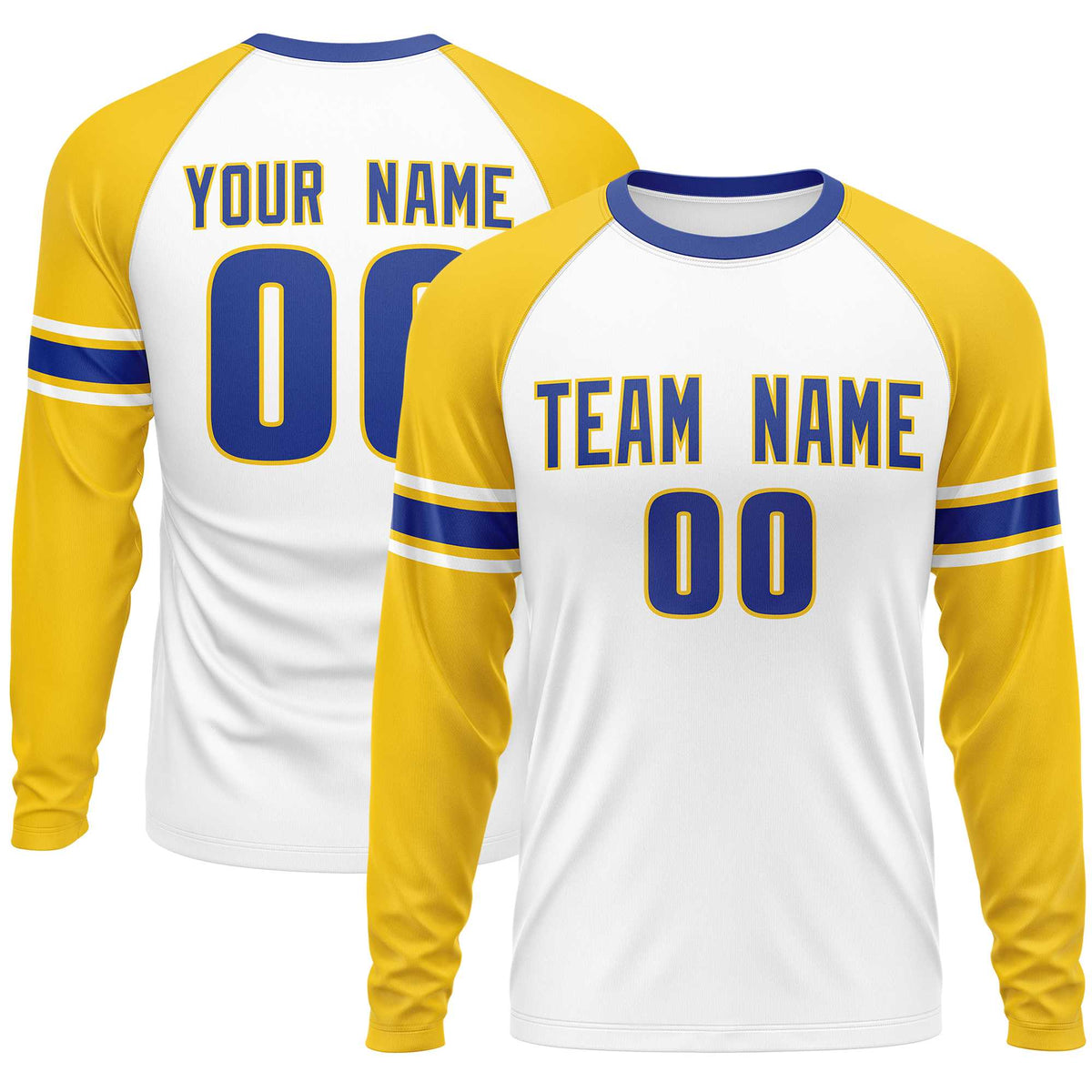 Custom White Gold Royal Crew Neck Personalized Raglan Long Sleeve Performance T-shirt | KXKSHOP