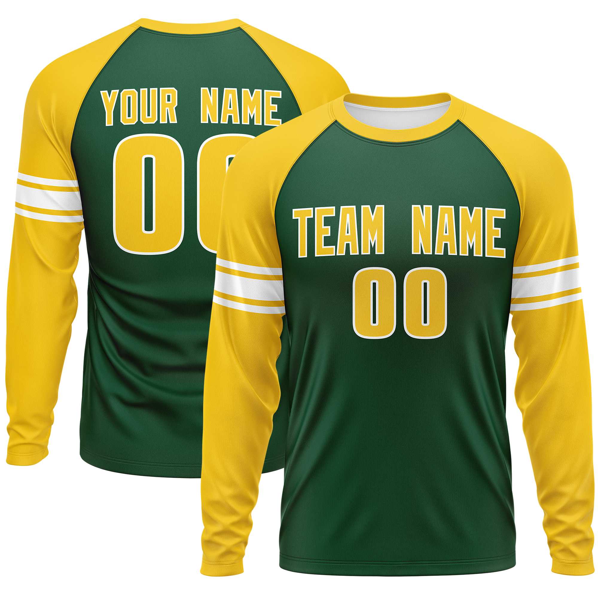 Custom Green Gold White Crew Neck Personalized Raglan Long Sleeve Performance T-shirt | KXKSHOP