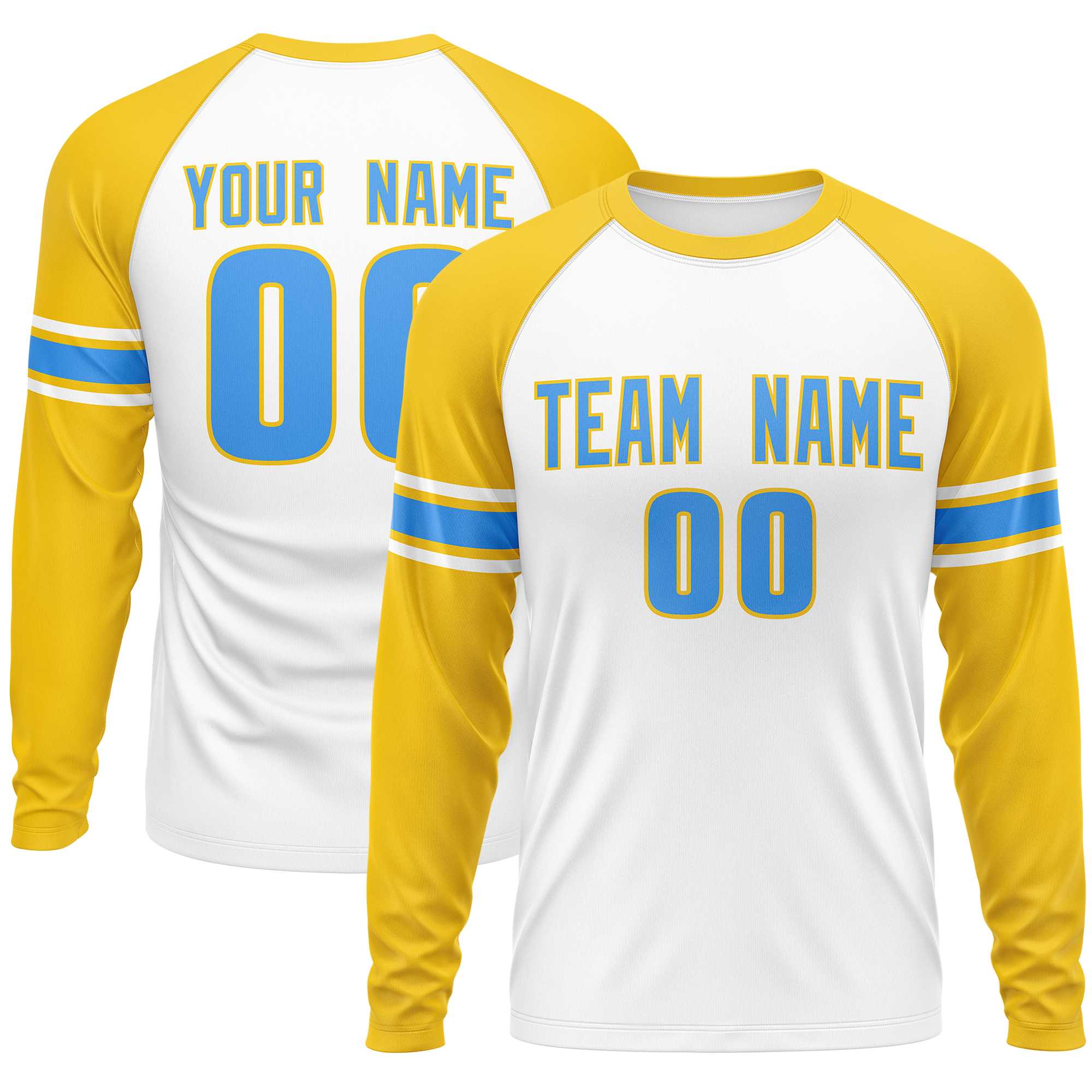 Custom White Gold Powder Blue Crew Neck Personalized Raglan Long Sleeve Performance T-shirt | KXKSHOP