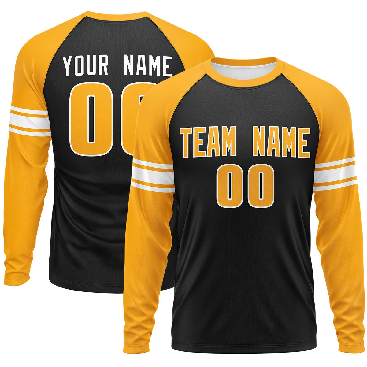 Custom Black Yellow White Crew Neck Personalized Raglan Long Sleeve Performance T-shirt | KXKSHOP