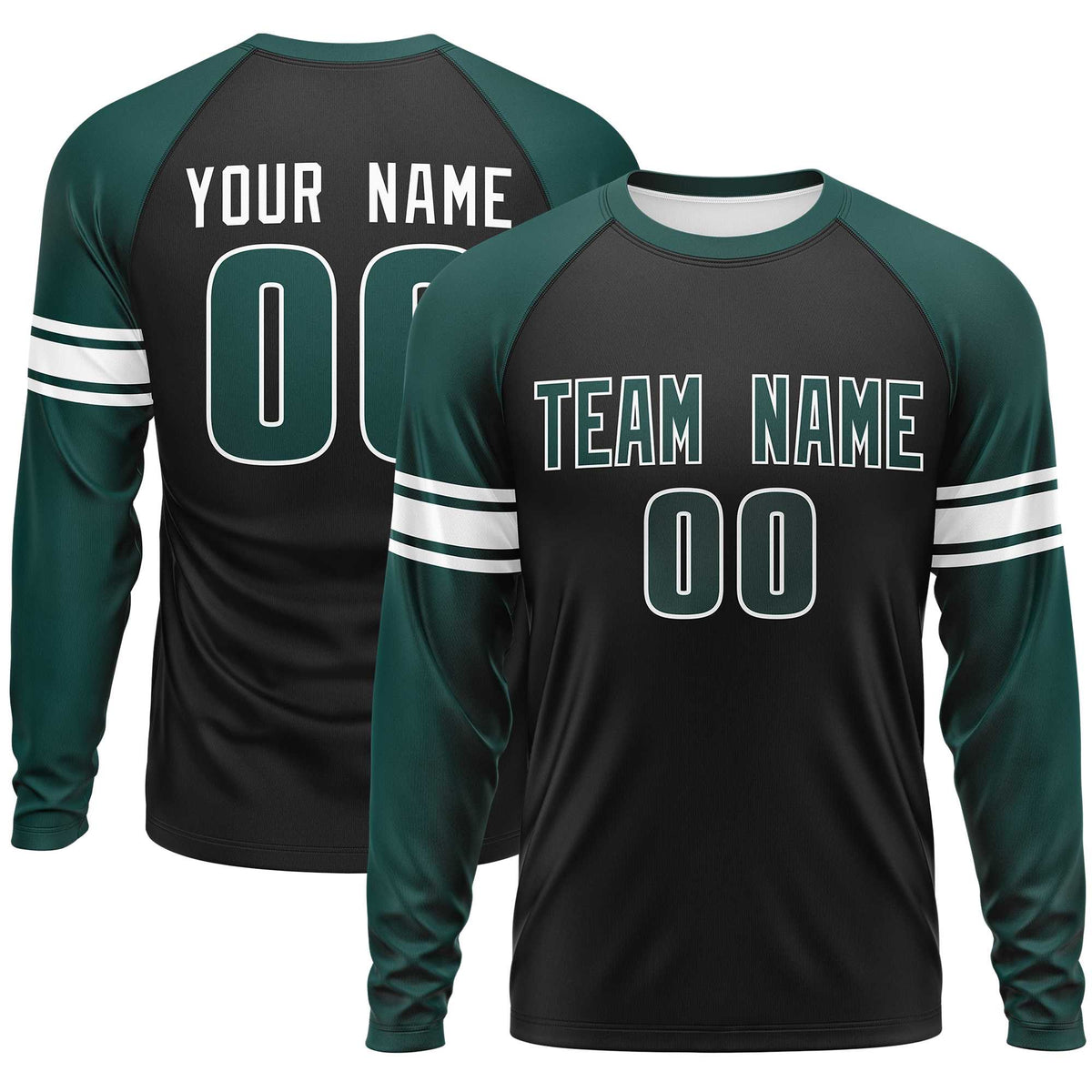 Custom Black Midnight Green White Crew Neck Personalized Raglan Long Sleeve Performance T-shirt | KXKSHOP