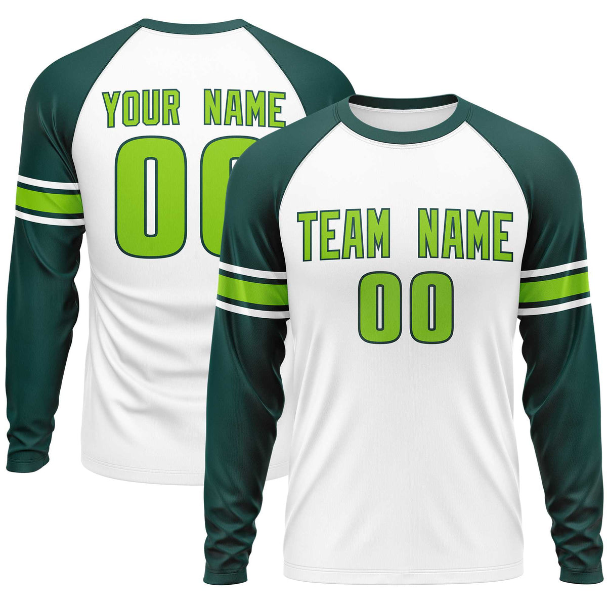 Custom White Midnight Green Neon Green Crew Neck Personalized Raglan Long Sleeve Performance T-shirt | KXKSHOP