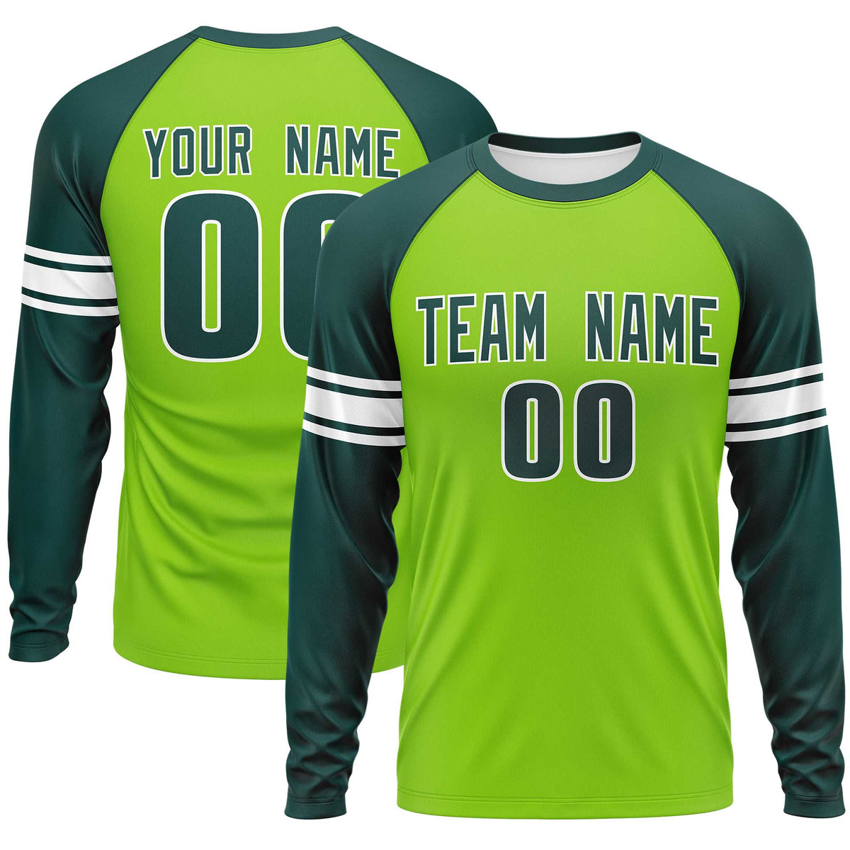 Custom Neon Green Midnight Green White Crew Neck Personalized Raglan Long Sleeve Performance T-shirt | KXKSHOP