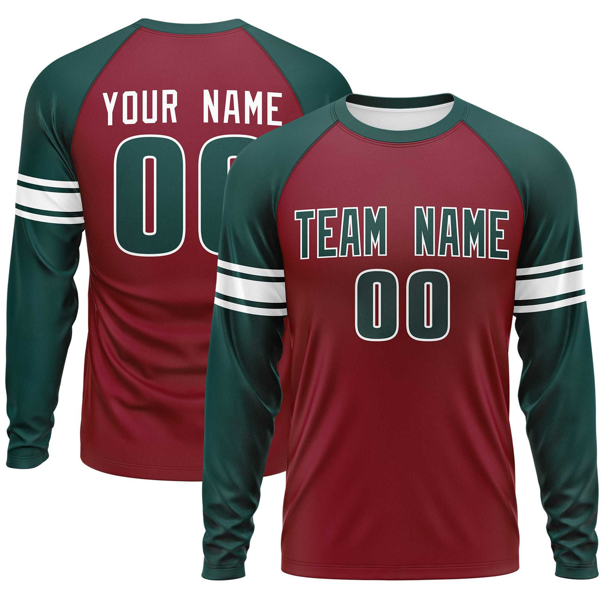 Custom Crimson Midnight Green White Crew Neck Personalized Raglan Long Sleeve Performance T-shirt | KXKSHOP