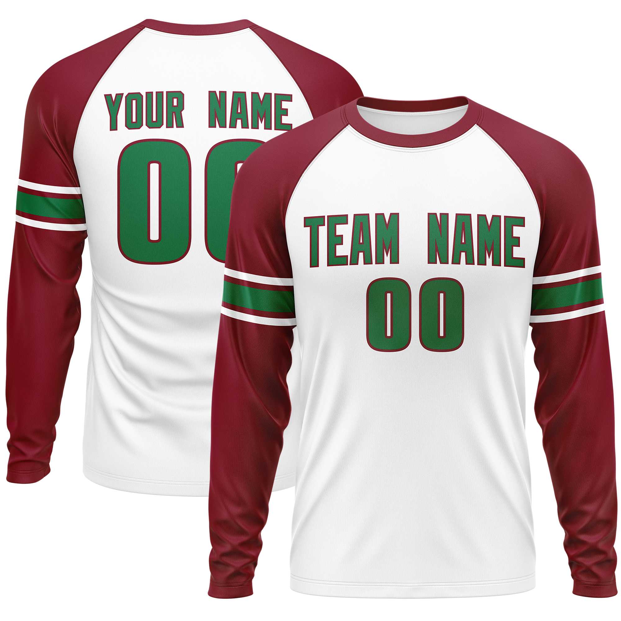 Custom White Crimson Kelly Green Crew Neck Personalized Raglan Long Sleeve Performance T-shirt | KXKSHOP