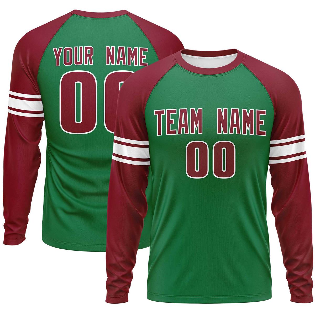 Custom Kelly Green Crimson White Crew Neck Personalized Raglan Long Sleeve Performance T-shirt | KXKSHOP