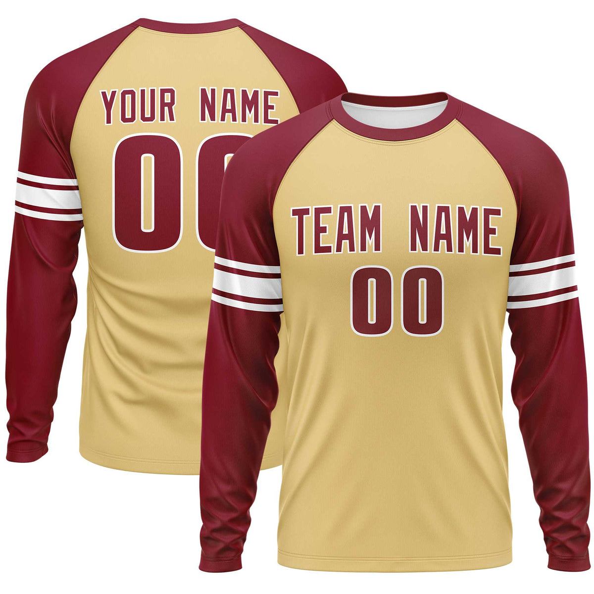 Custom Khaki Crimson White Crew Neck Personalized Raglan Long Sleeve Performance T-shirt | KXKSHOP