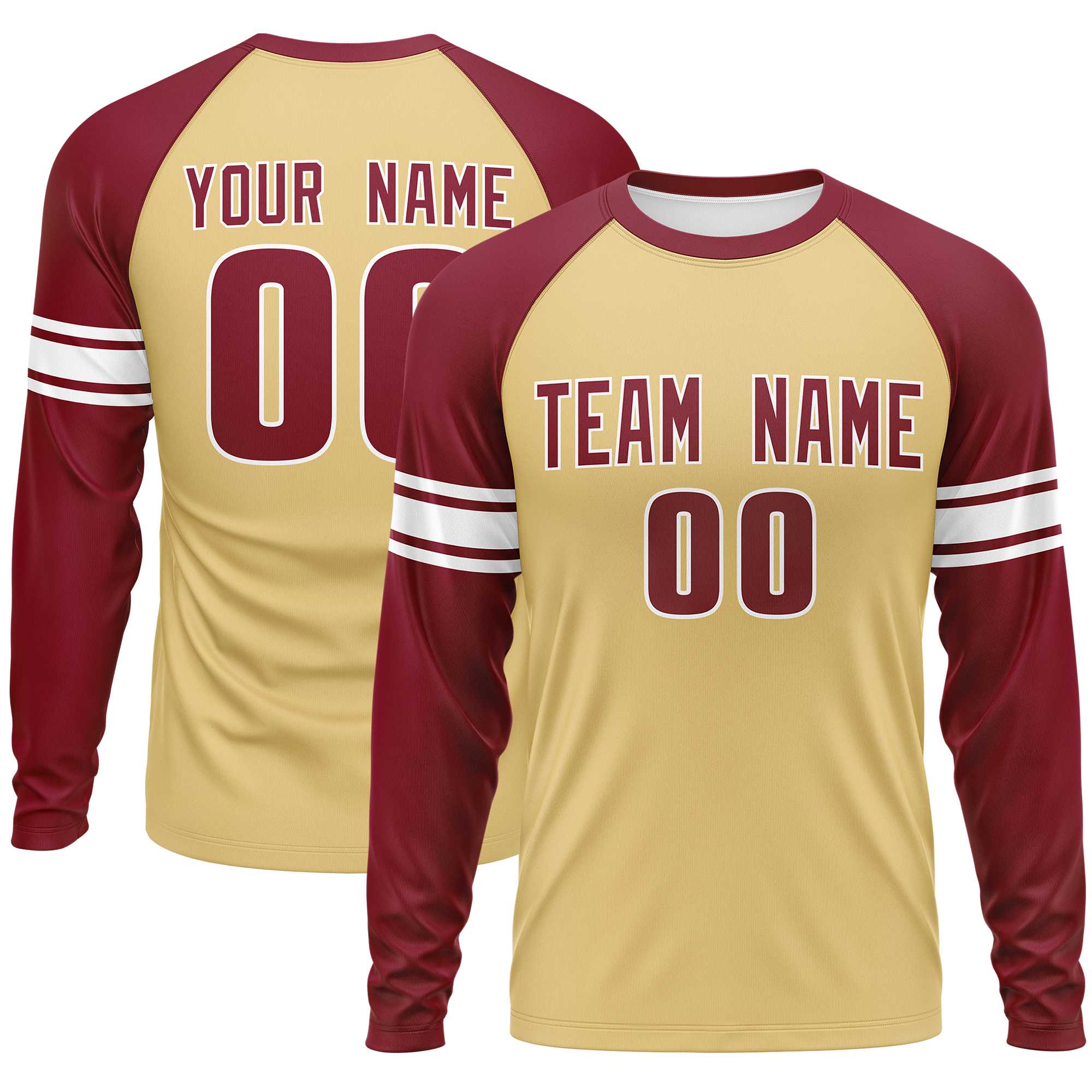 Custom Khaki Crimson White Crew Neck Personalized Raglan Long Sleeve Performance T-shirt | KXKSHOP