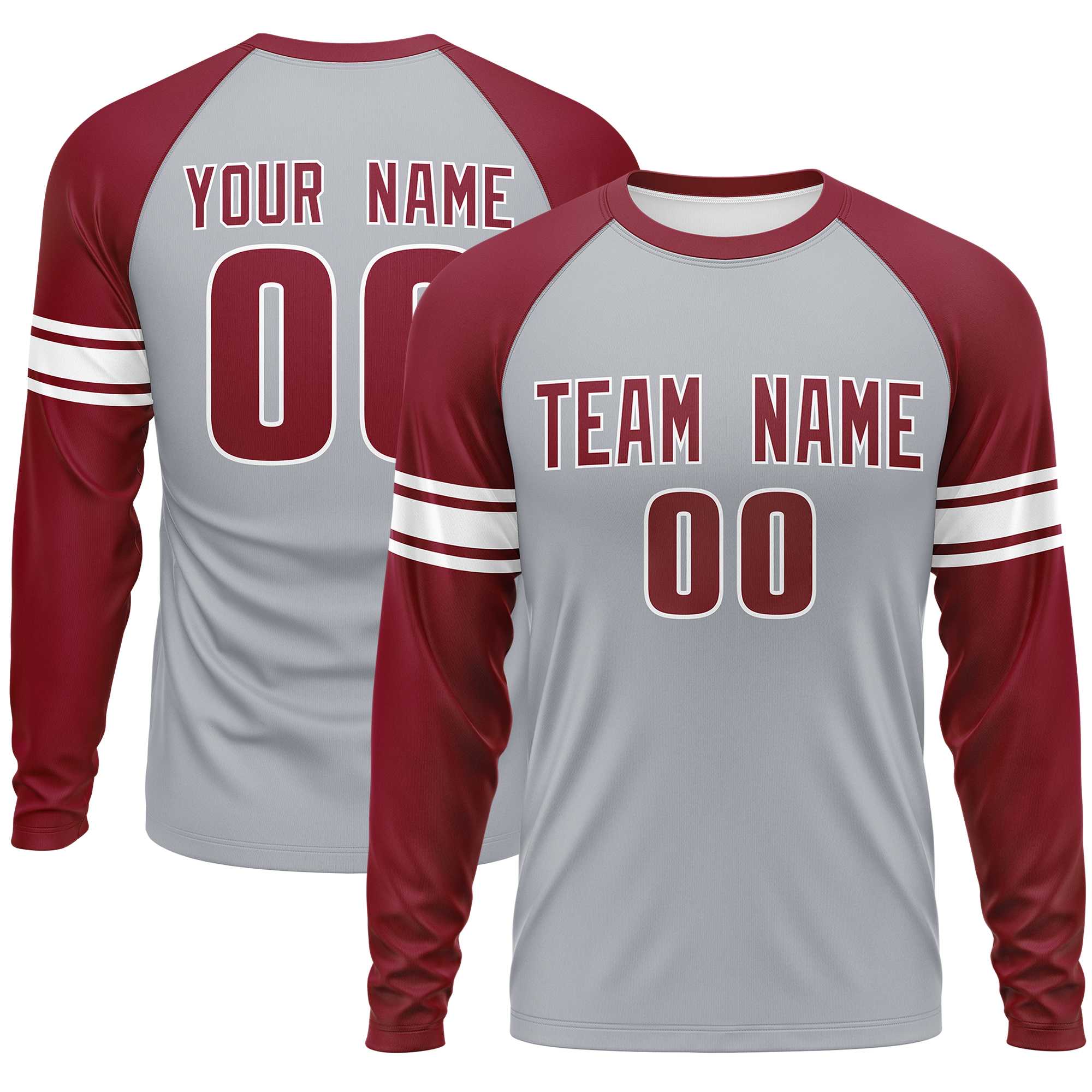 Custom Gray Crimson White Crew Neck Personalized Raglan Long Sleeve Performance T-shirt | KXKSHOP