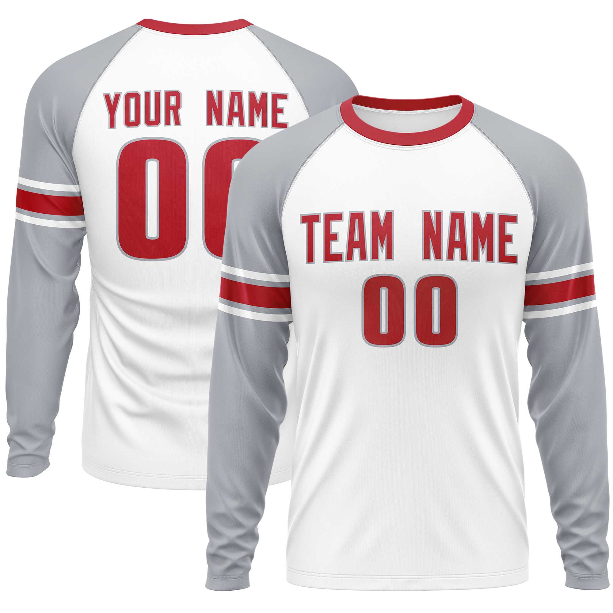 Custom White Gray Red Crew Neck Personalized Raglan Long Sleeve Performance T-shirt | KXKSHOP