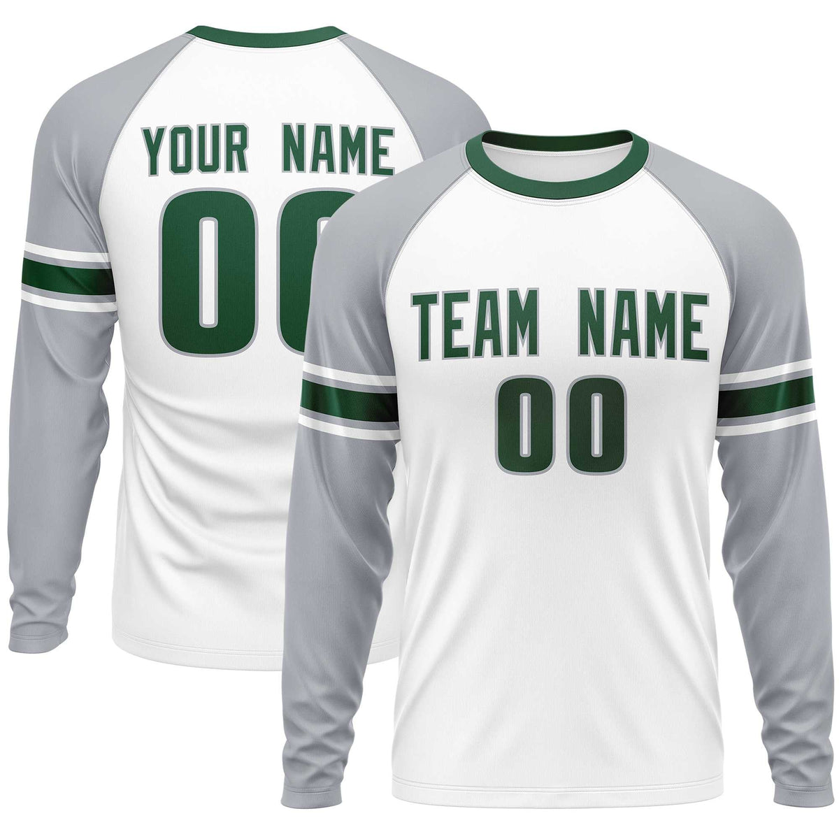 Custom White Gray Green Crew Neck Personalized Raglan Long Sleeve Performance T-shirt | KXKSHOP