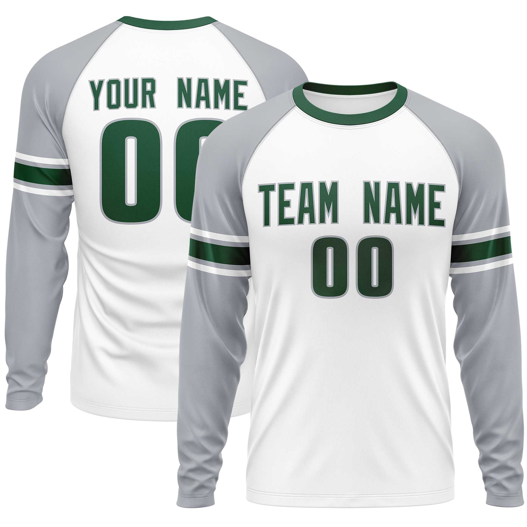 Custom White Gray Green Crew Neck Personalized Raglan Long Sleeve Performance T-shirt | KXKSHOP