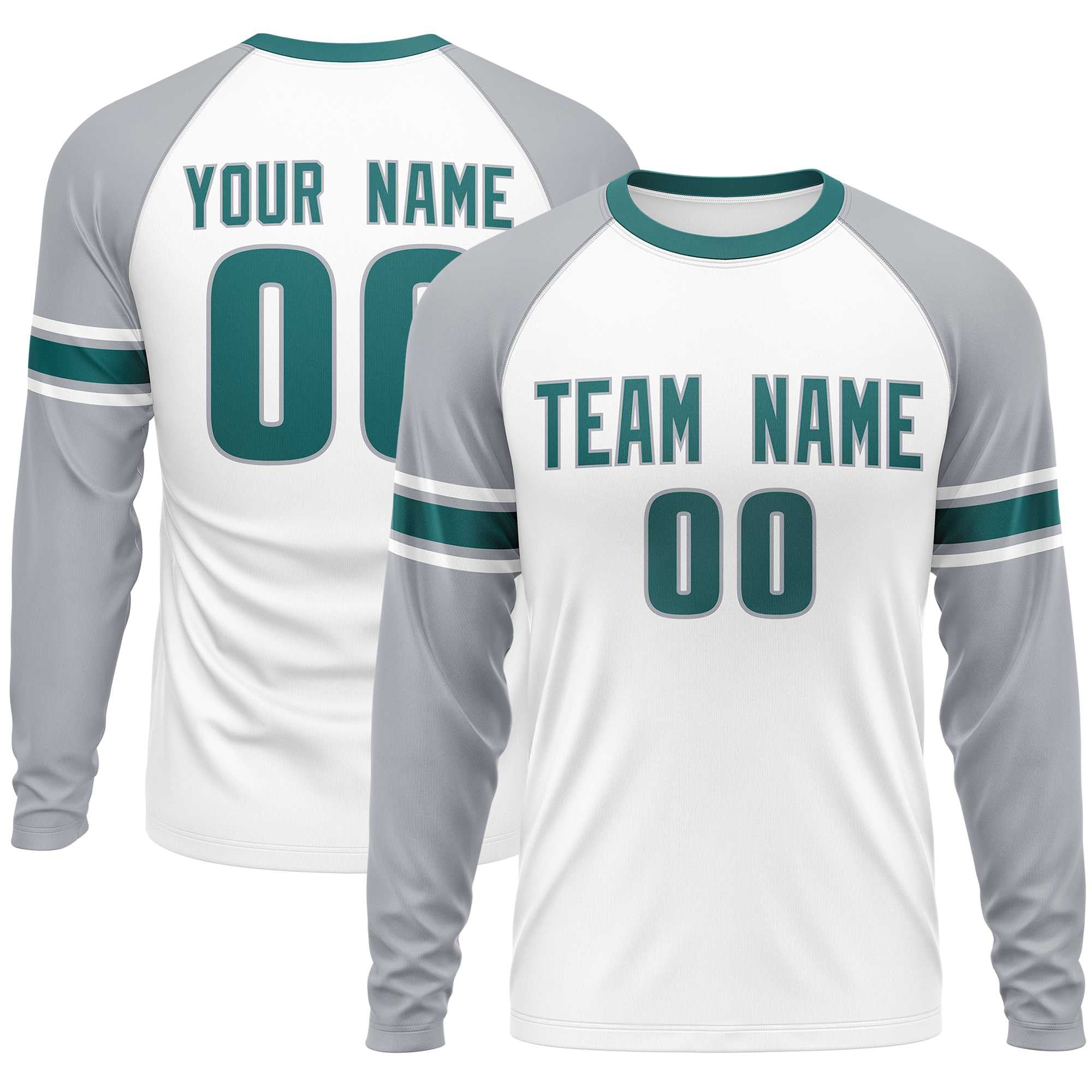 Custom White Gray Aqua Crew Neck Personalized Raglan Long Sleeve Performance T-shirt | KXKSHOP