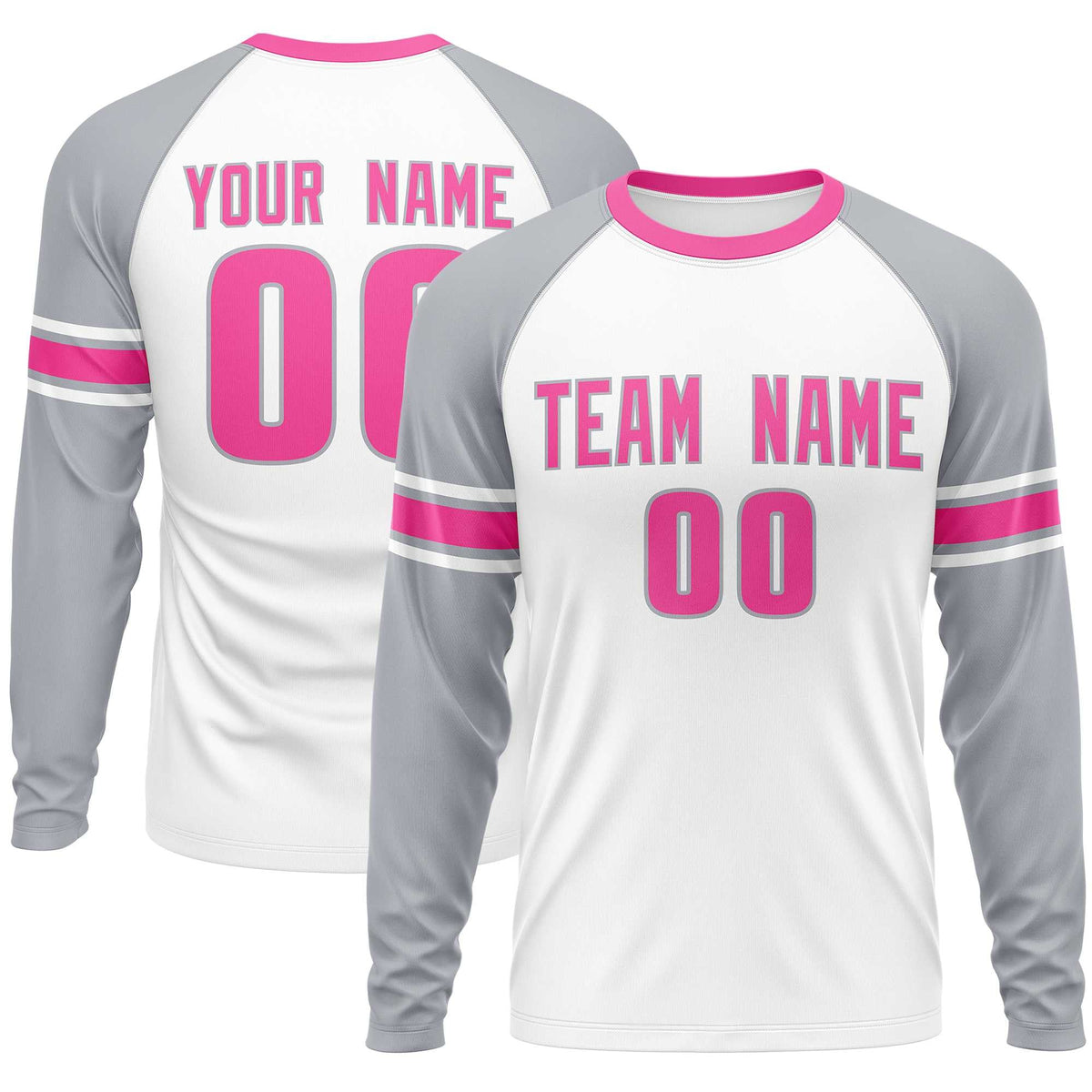 Custom White Gray Pink Crew Neck Personalized Raglan Long Sleeve Performance T-shirt | KXKSHOP