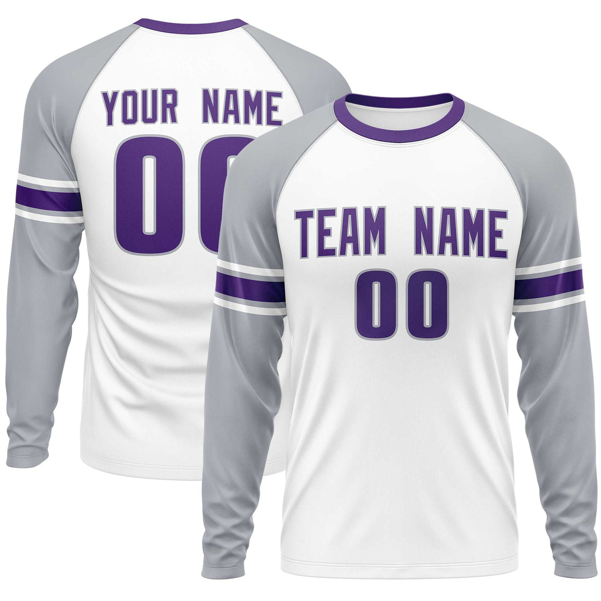 Custom White Gray Purple Crew Neck Personalized Raglan Long Sleeve Performance T-shirt | KXKSHOP