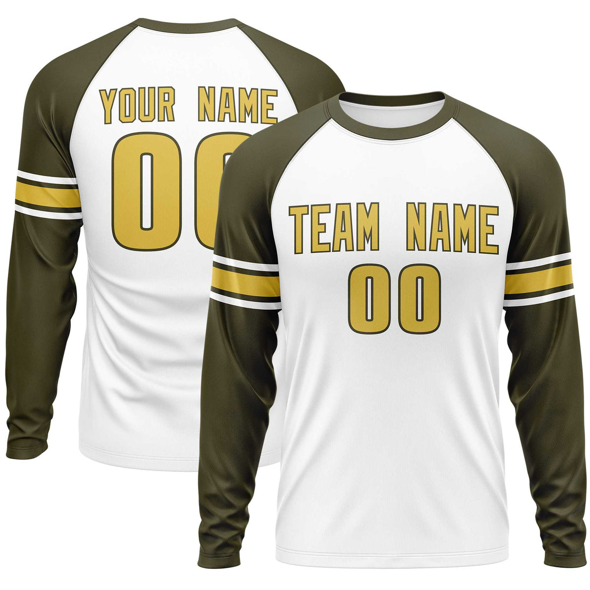 Custom White Olive Old Gold Crew Neck Personalized Raglan Long Sleeve Performance T-shirt | KXKSHOP