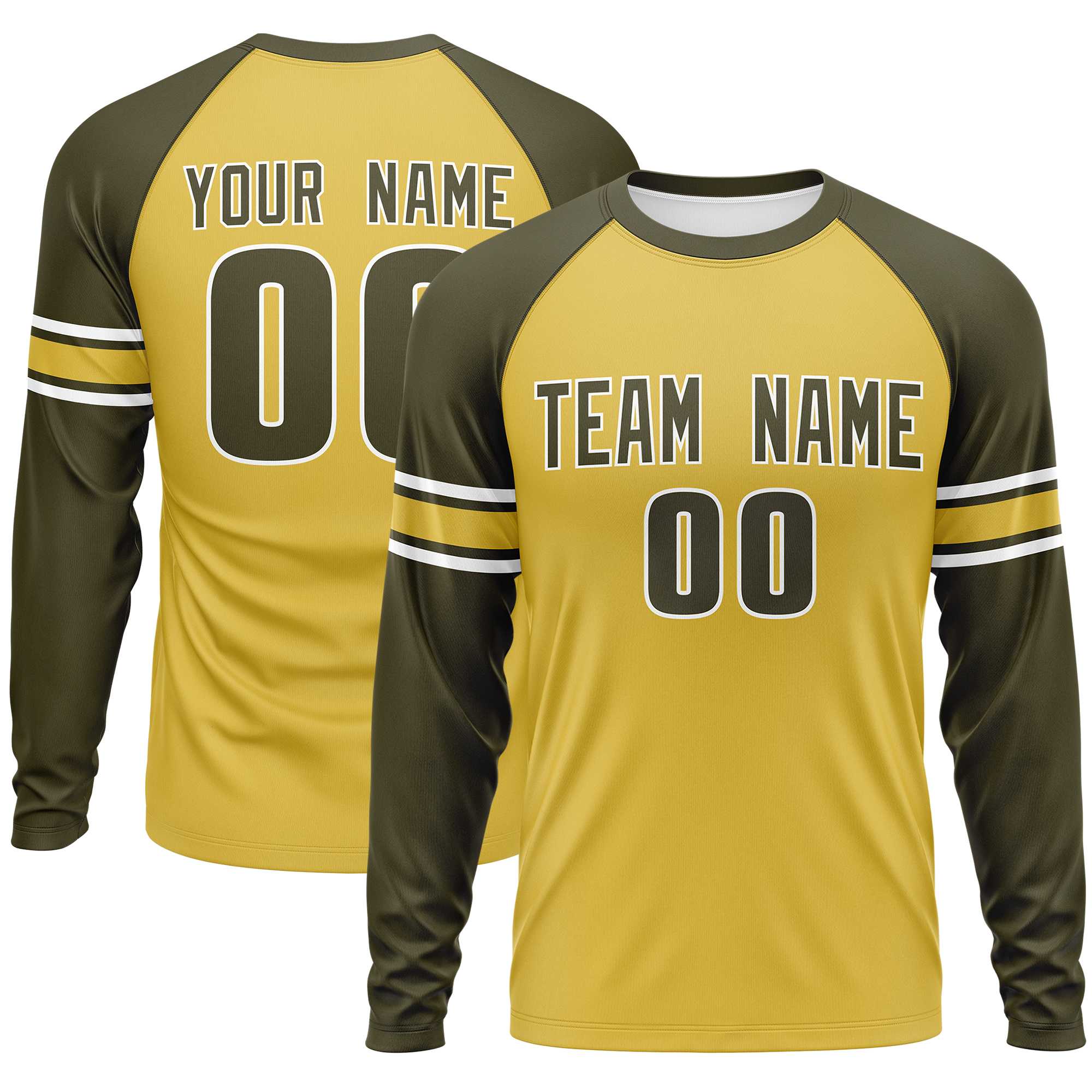 Custom Old Gold Olive White Crew Neck Personalized Raglan Long Sleeve Performance T-shirt | KXKSHOP