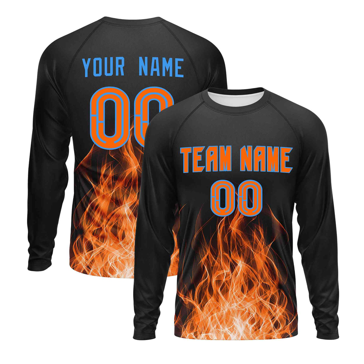 Custom Black Orange Colorful Flame Pattern Long Sleeve Performance T-Shirt