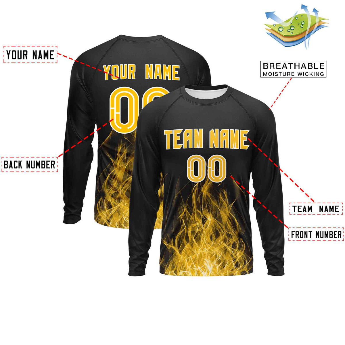 Custom Black Yellow Colorful Flame Pattern Long Sleeve Performance T-Shirt