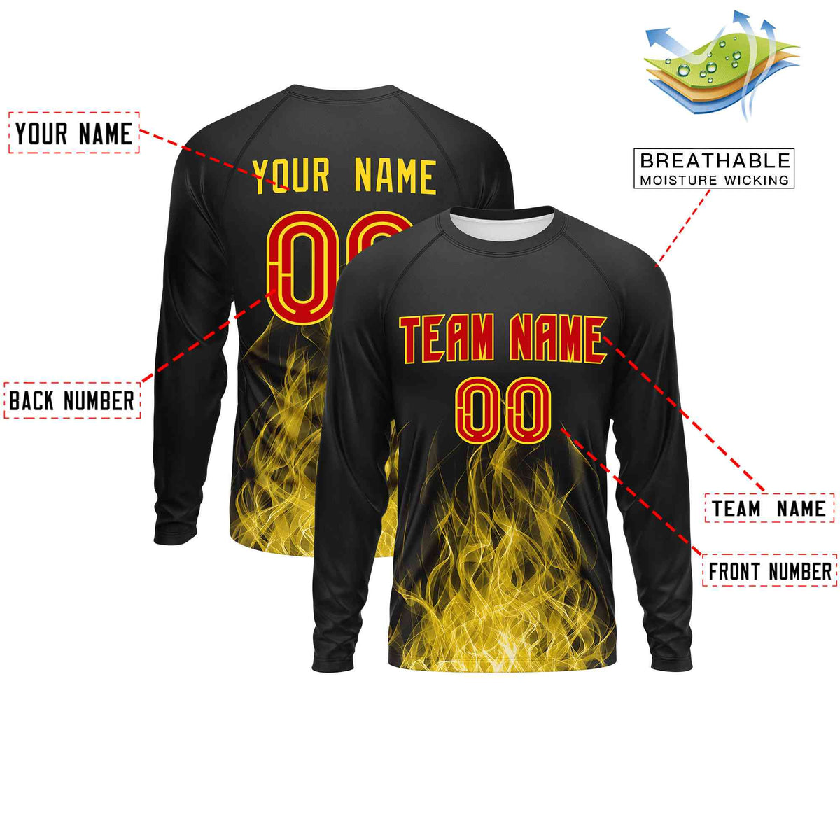 Custom Black Gold Colorful Flame Pattern Long Sleeve Performance T-Shirt