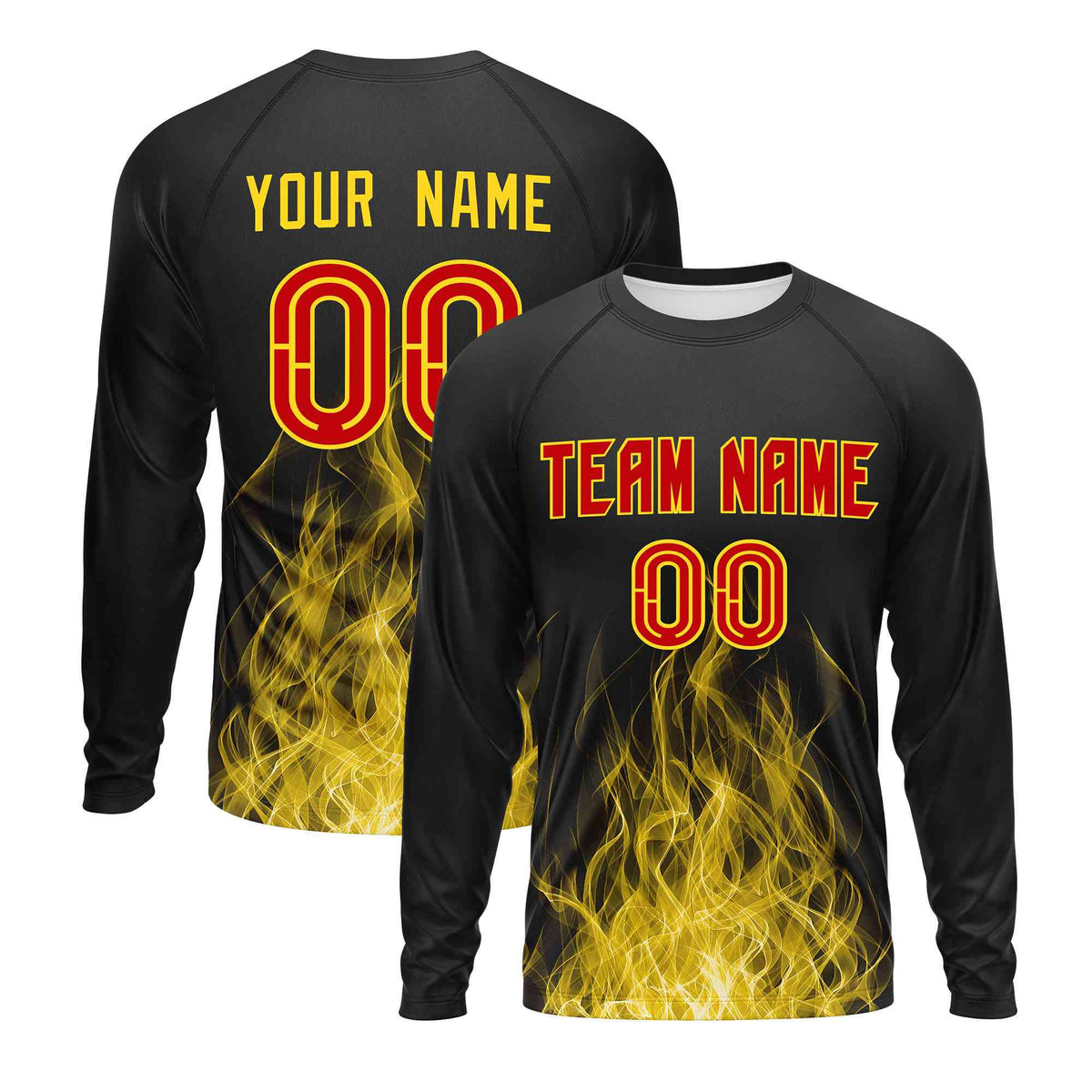 Custom Black Gold Colorful Flame Pattern Long Sleeve Performance T-Shirt