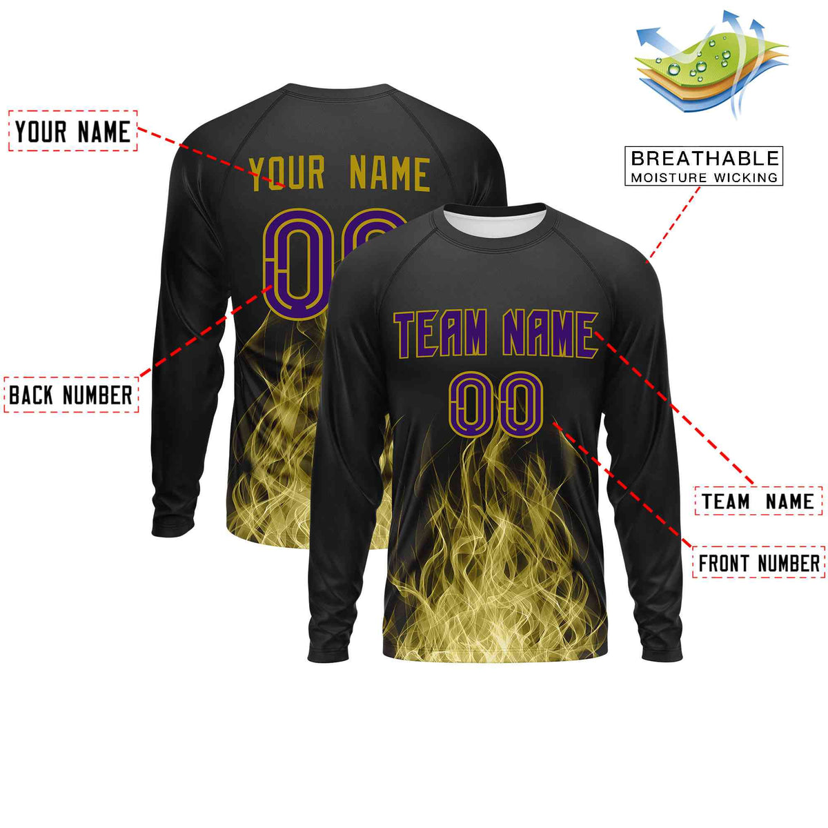 Custom Black Old Gold Colorful Flame Pattern Long Sleeve Performance T-Shirt
