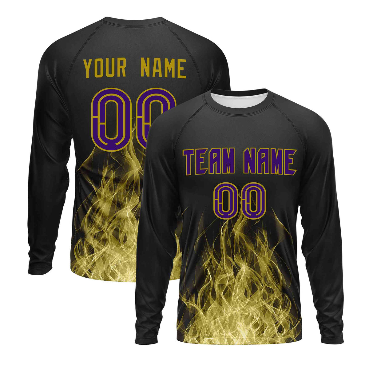 Custom Black Old Gold Colorful Flame Pattern Long Sleeve Performance T-Shirt