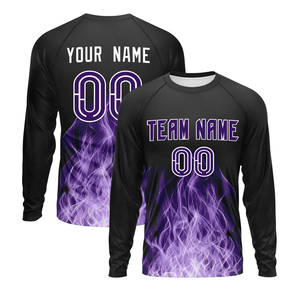 Custom Black Purple Colorful Flame Pattern Long Sleeve Performance T-Shirt