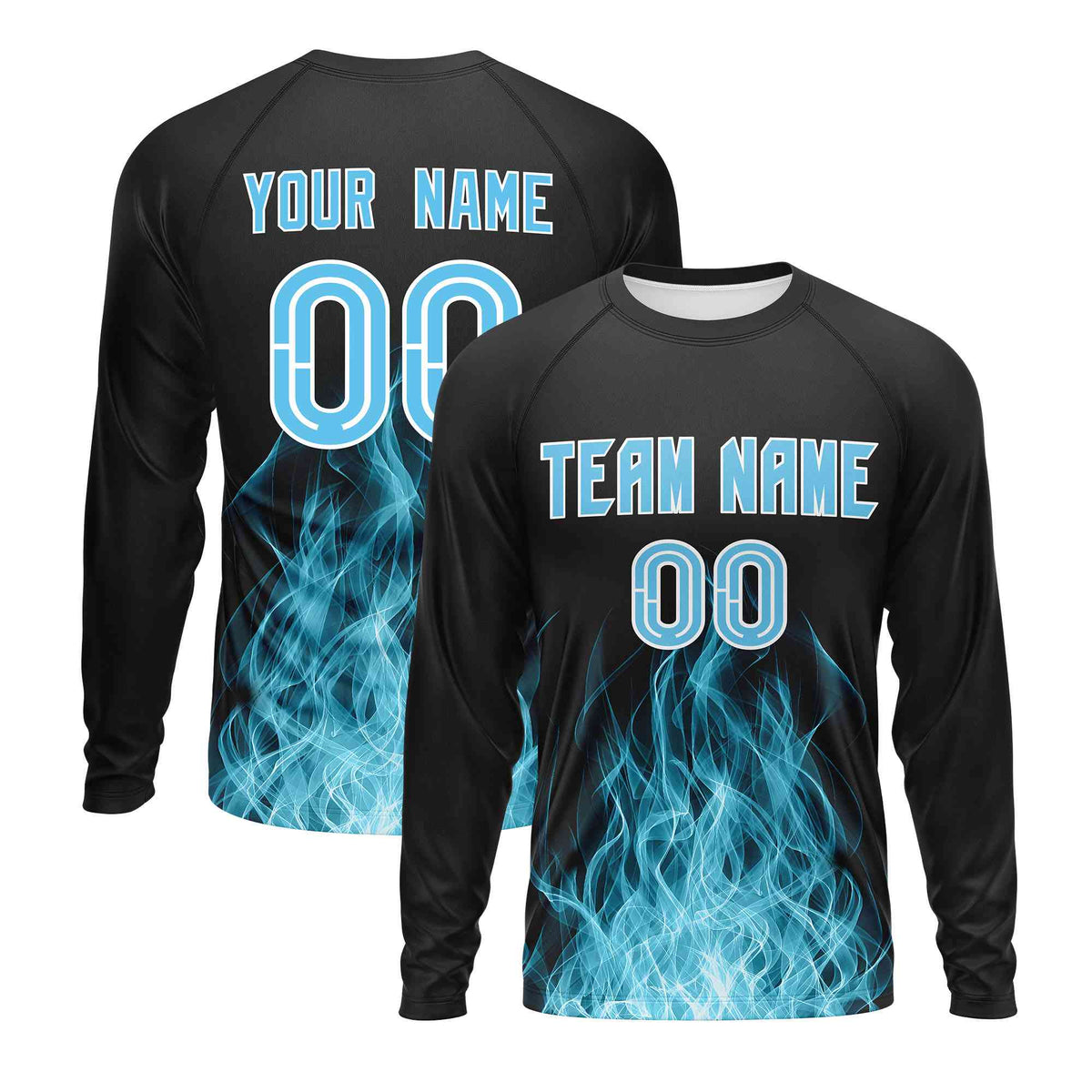 Custom Black Sky Blue Colorful Flame Pattern Long Sleeve Performance T-Shirt