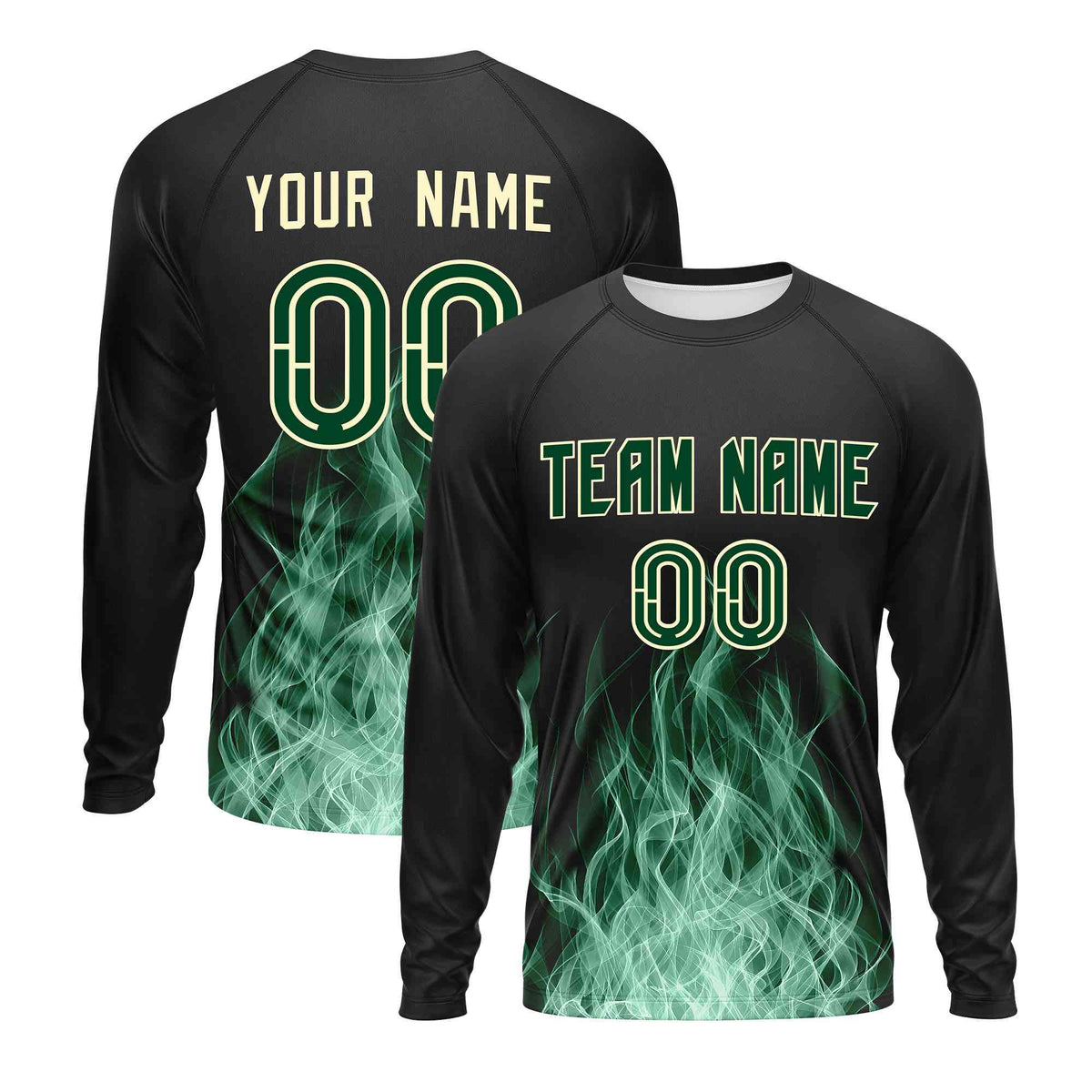 Custom Black Green Colorful Flame Pattern Long Sleeve Performance T-Shirt