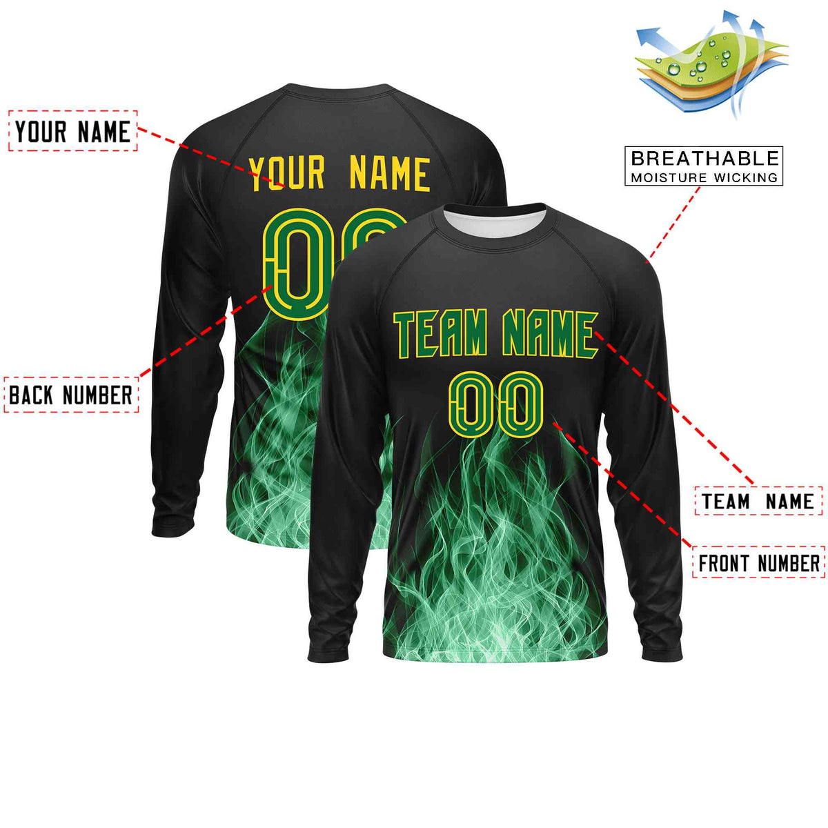 Custom Black Kelly Green Colorful Flame Pattern Long Sleeve Performance T-Shirt