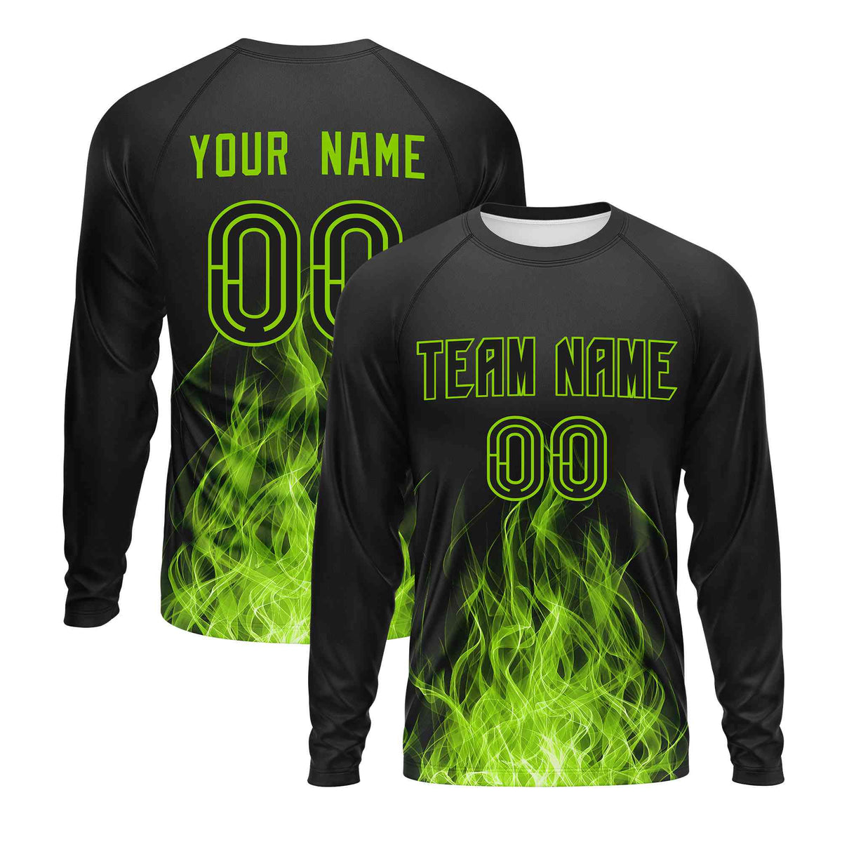 Custom Black Neon Green Colorful Flame Pattern Long Sleeve Performance T-Shirt