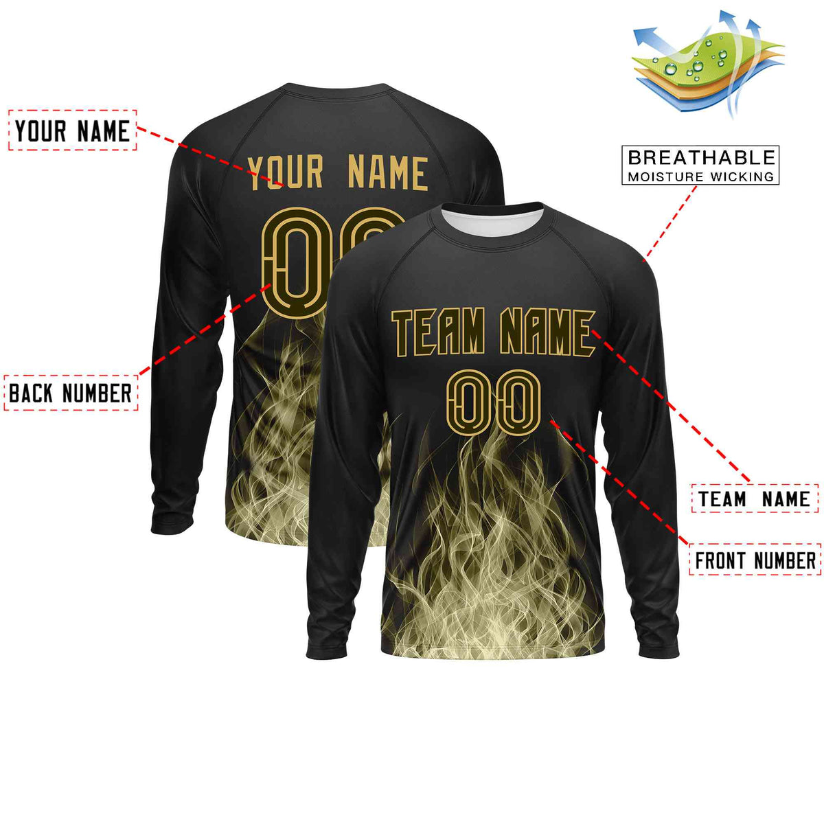 Custom Black Olive Colorful Flame Pattern Long Sleeve Performance T-Shirt
