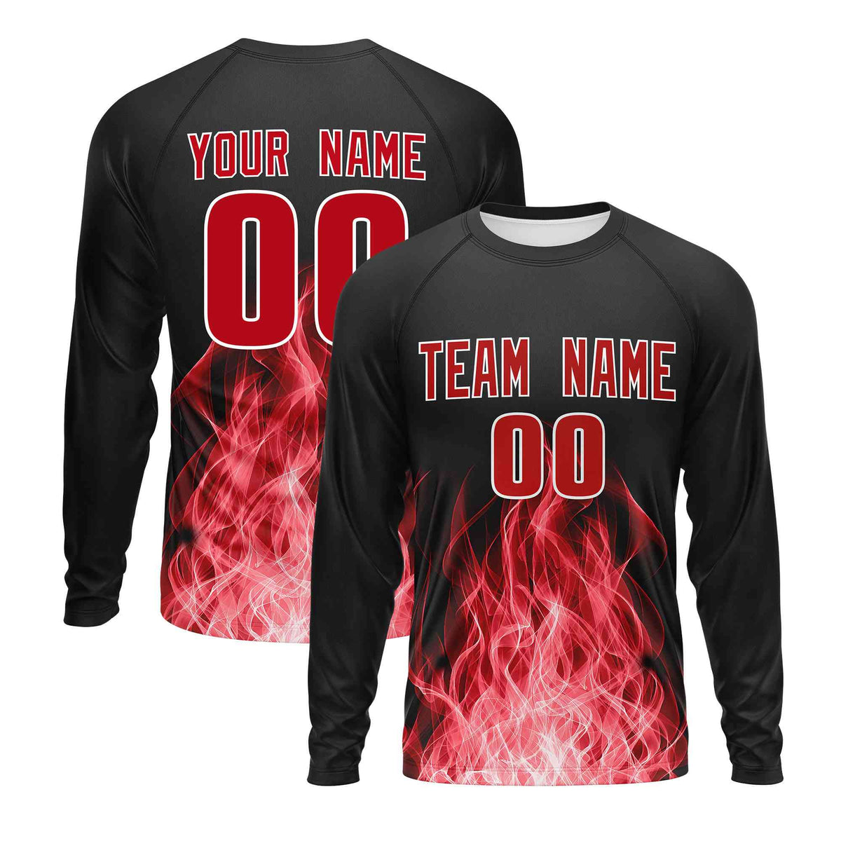Custom Black Red Colorful Flame Pattern Long Sleeve Performance T-Shirt| KXKSHOP