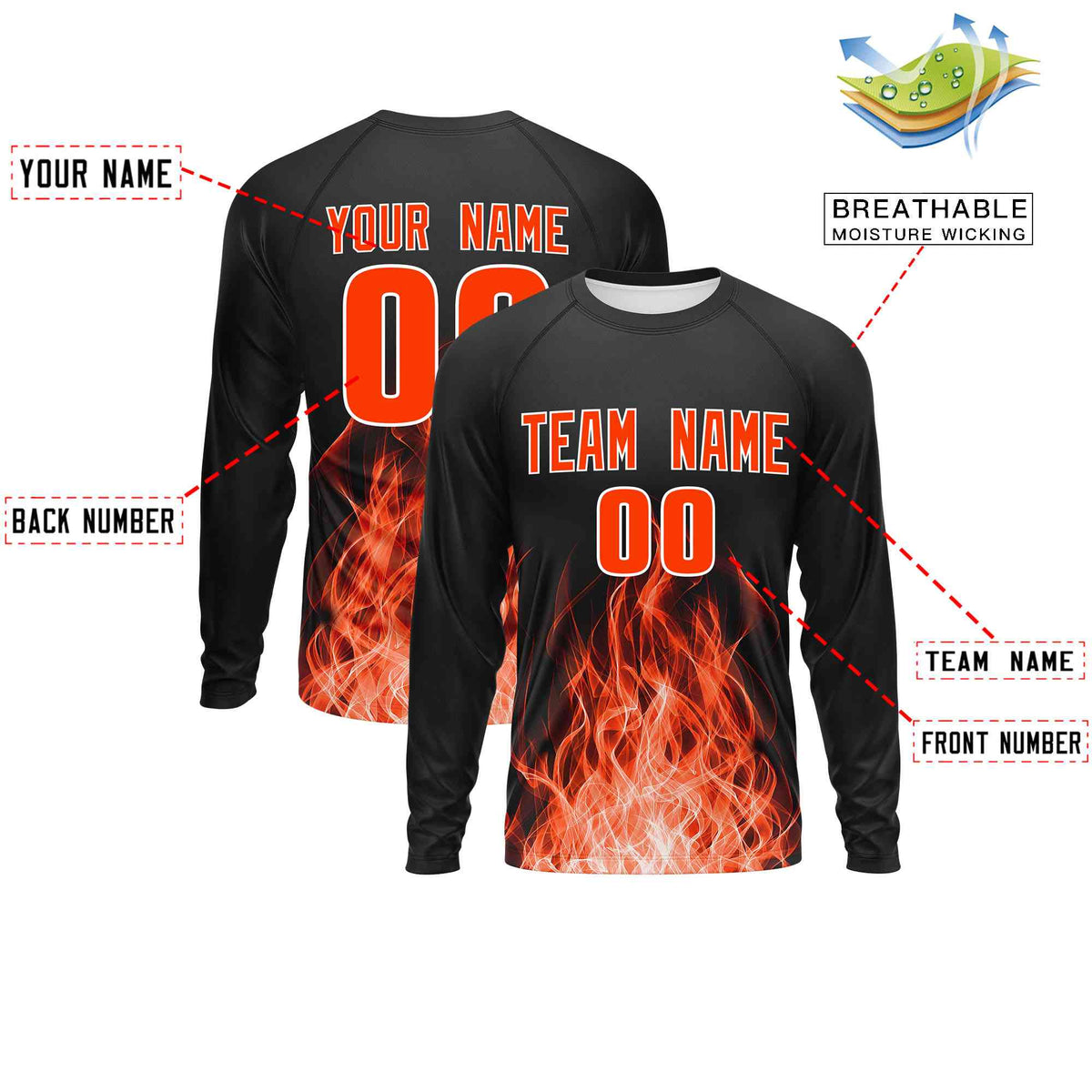 Custom Black Orange Colorful Flame Pattern Long Sleeve Performance T-Shirt| KXKSHOP