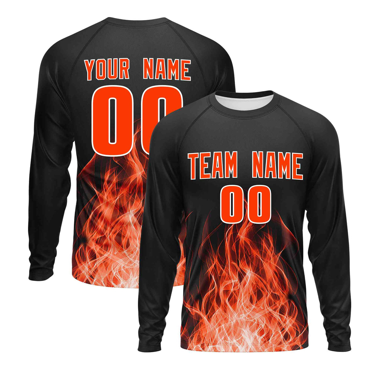 Custom Black Orange Colorful Flame Pattern Long Sleeve Performance T-Shirt| KXKSHOP
