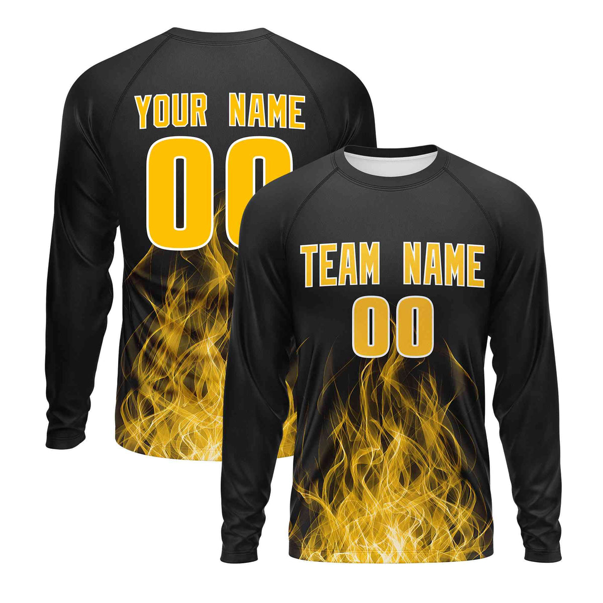 Custom Black Yellow Colorful Flame Pattern Long Sleeve Performance T-Shirt| KXKSHOP