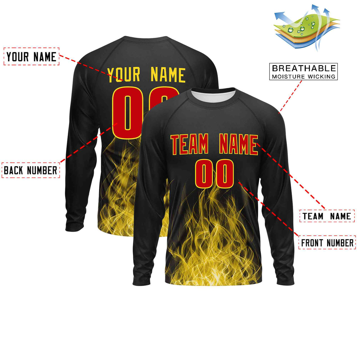 Custom Black Gold Colorful Flame Pattern Long Sleeve Performance T-Shirt| KXKSHOP