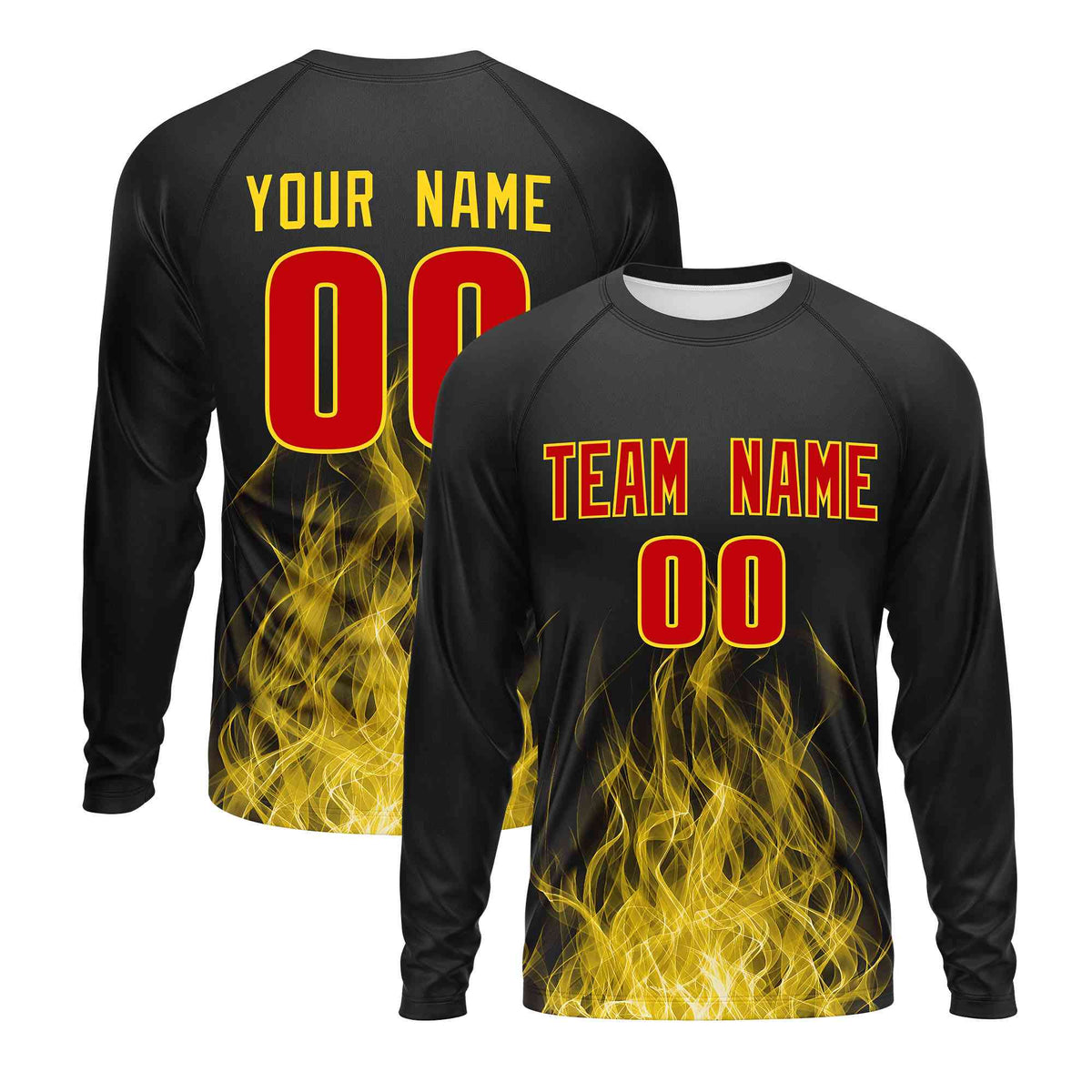 Custom Black Gold Colorful Flame Pattern Long Sleeve Performance T-Shirt| KXKSHOP