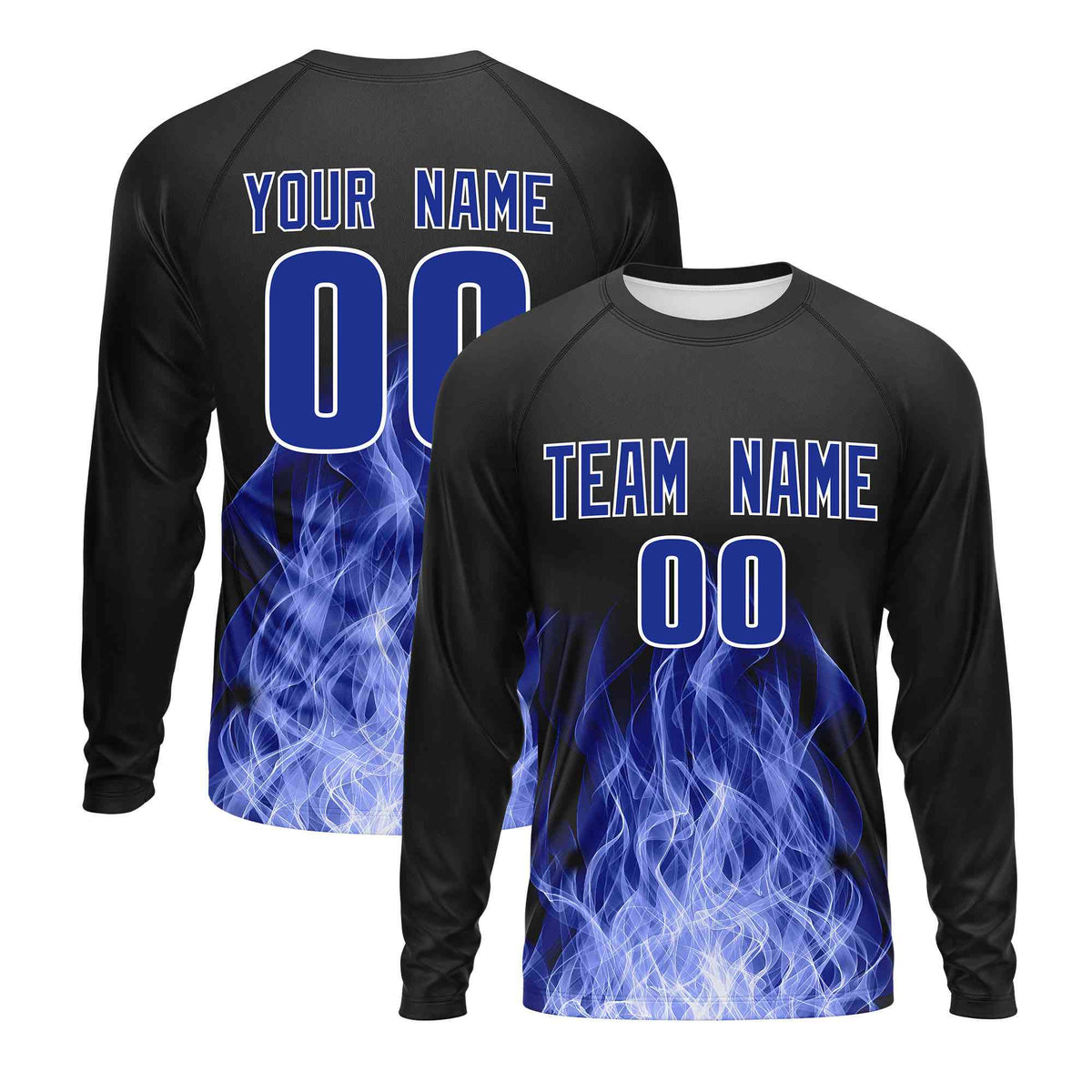 Custom Black Royal Blue Colorful Flame Pattern Long Sleeve Performance T-Shirt| KXKSHOP