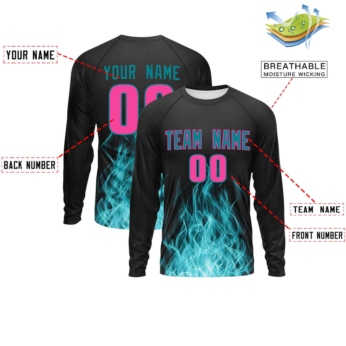 Custom Black Teal Colorful Flame Pattern Long Sleeve Performance T-Shirt| KXKSHOP