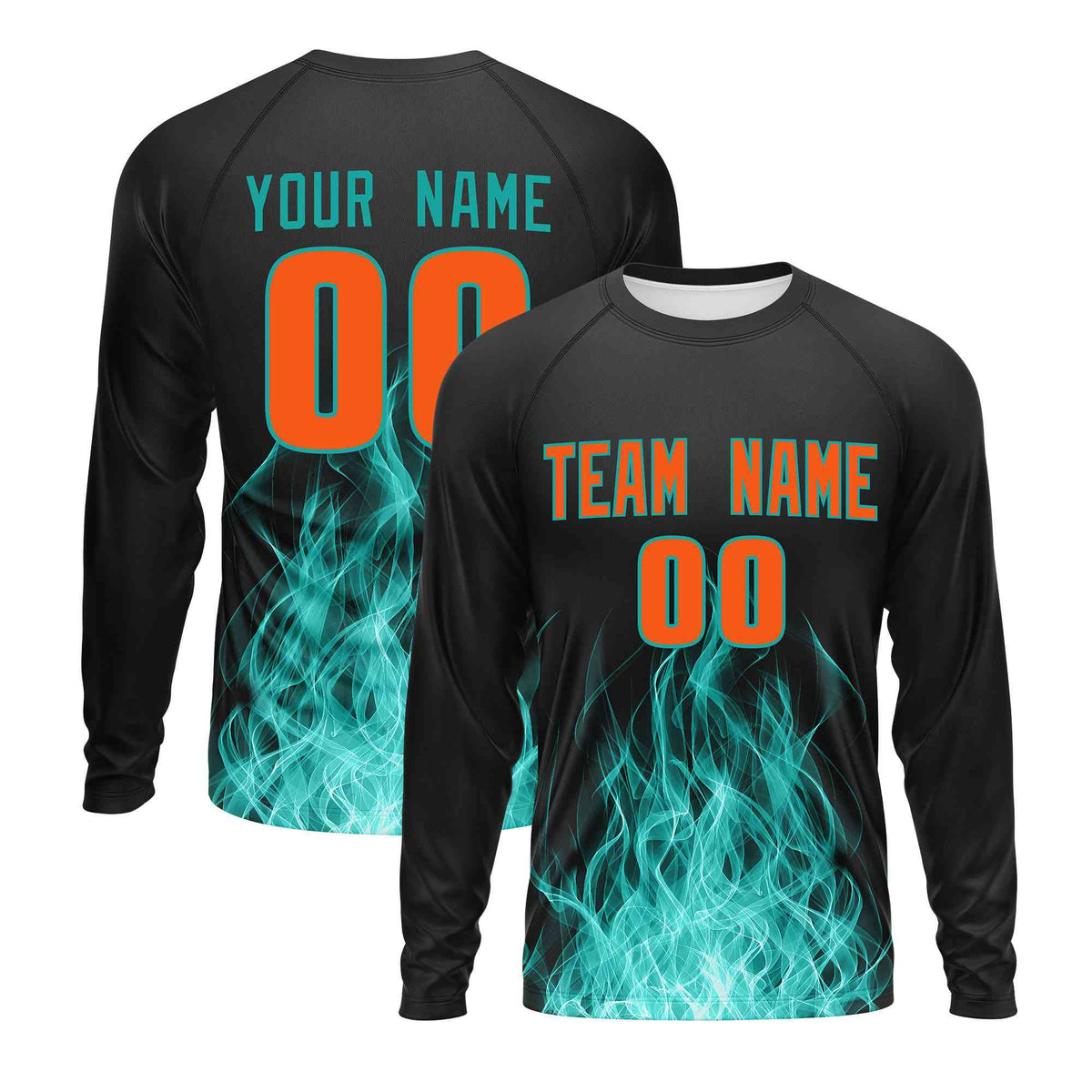 Custom Black Aqua Colorful Flame Pattern Long Sleeve Performance T-Shirt| KXKSHOP